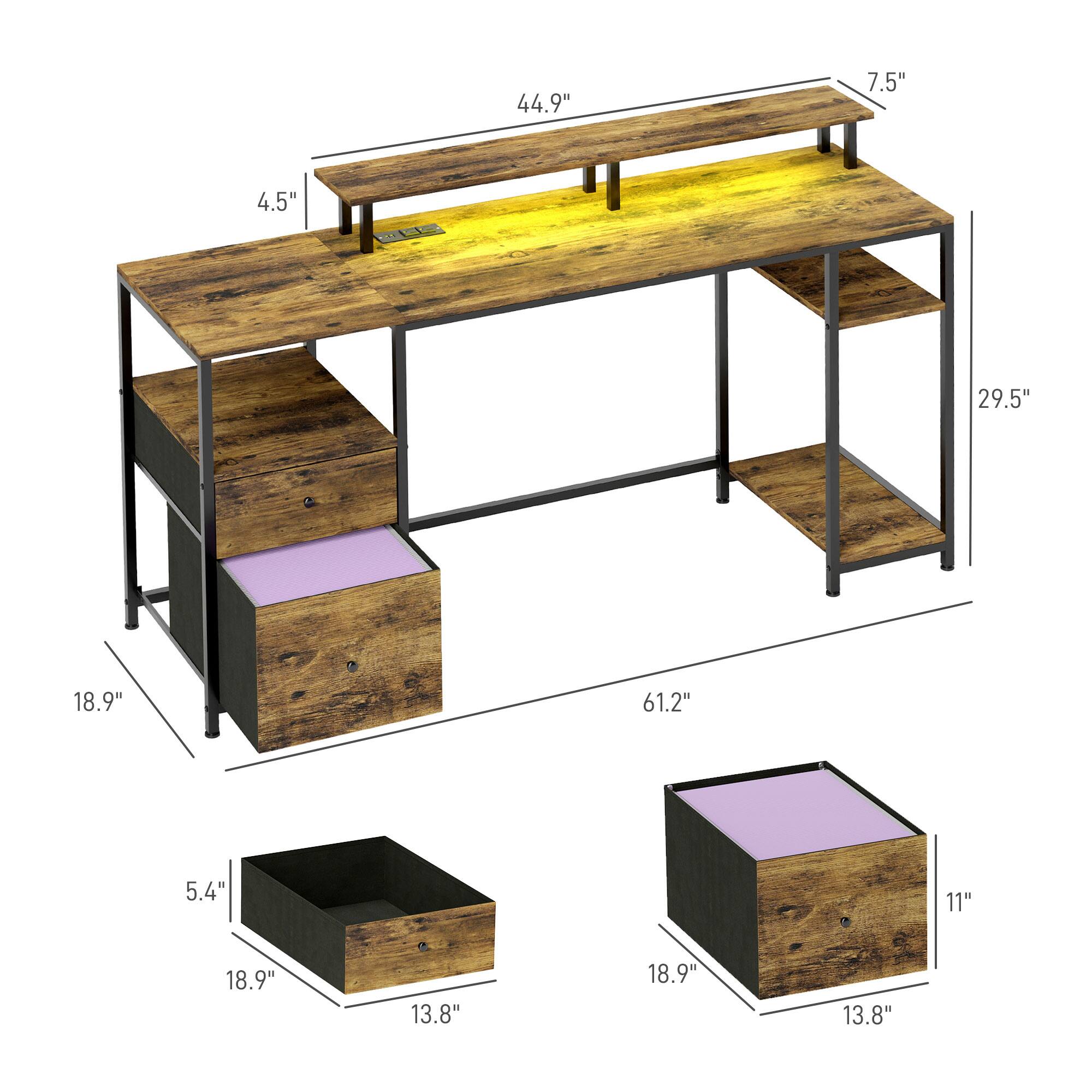 - Tabletop: 44.9" x 7.5"
- Shelf: 4.5" x 29.5"
- Drawer: 18.9" x 13.8" x 5.4"
- Box: 18.9" x 13.8" x 11"
- Overall: 61.2"