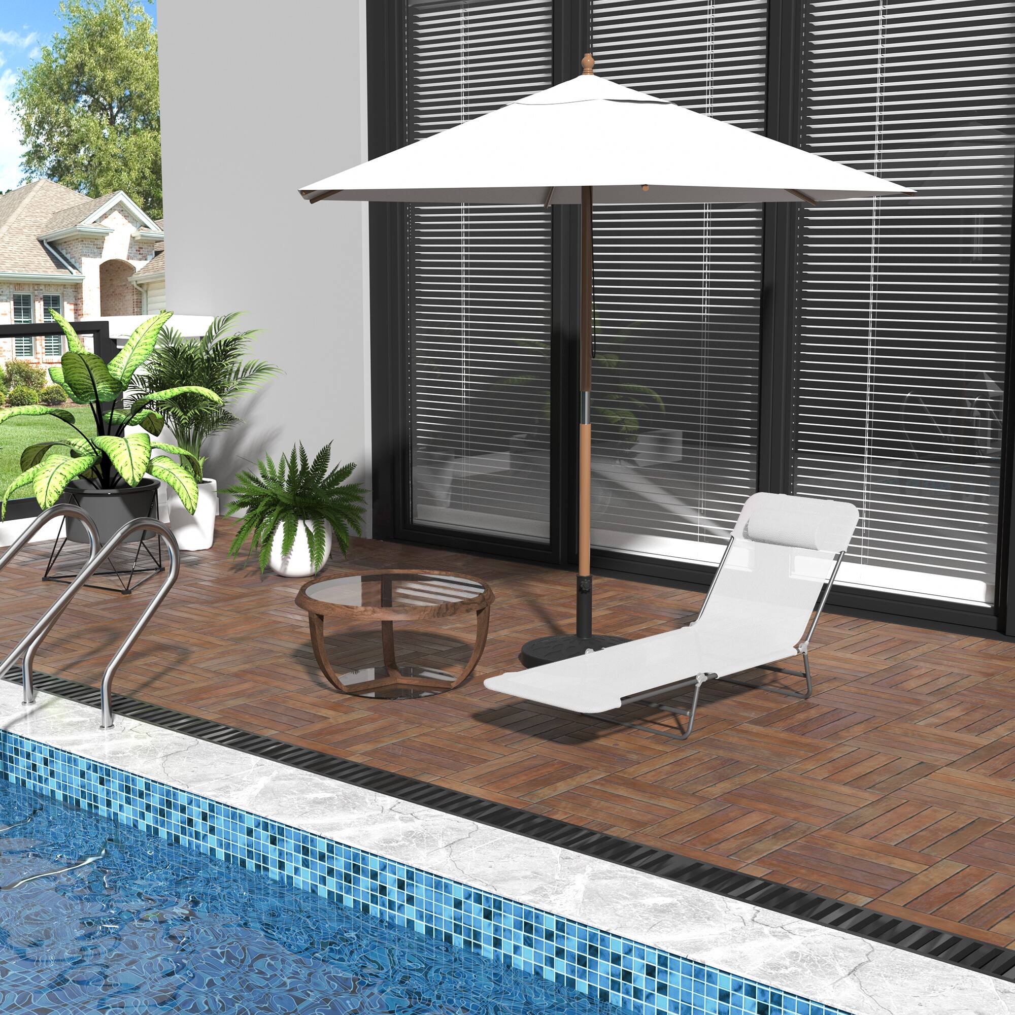 Alt View 1. Outsunny - Folding Chaise Lounge Chair, Pool Sun Tanning Chair, Outdoor Lounge Chair with Reclining Back, Breathable Mesh Seat - Cream White.