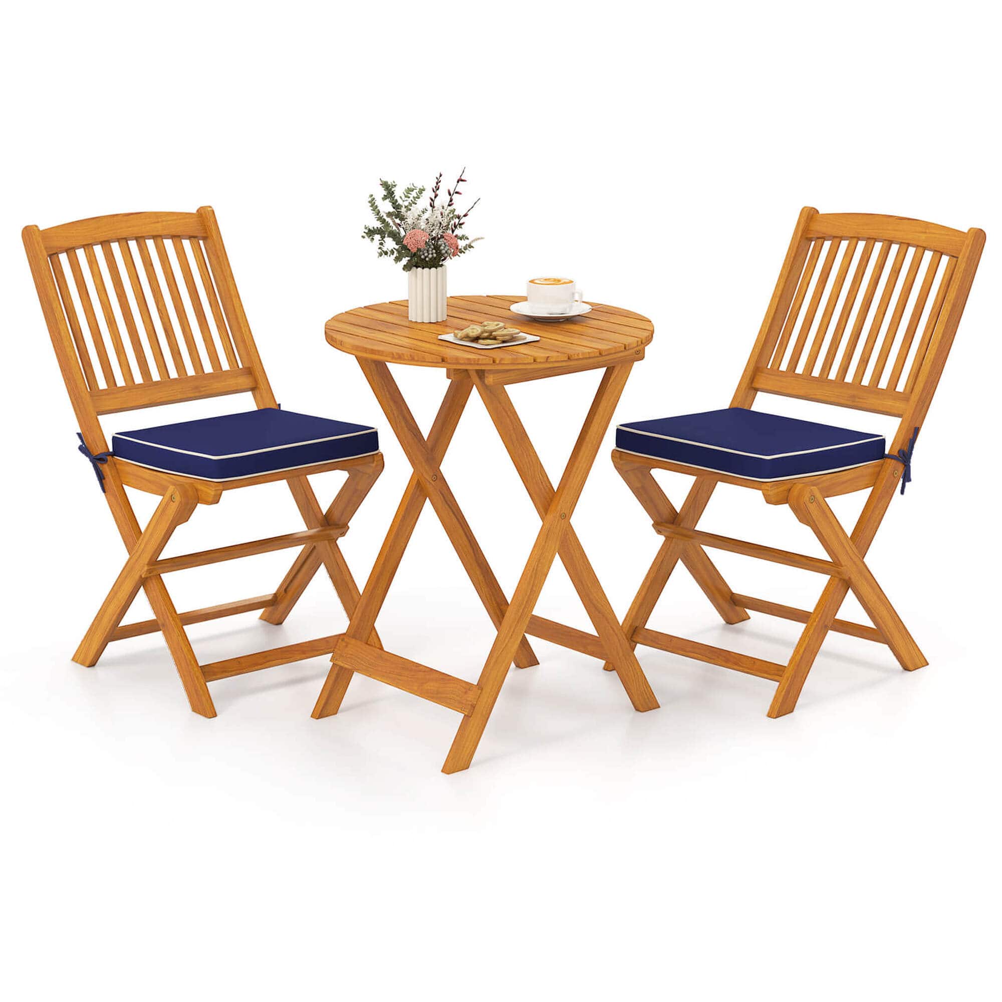 Costway - 3 PCS Acacia Wood Patio Bistro Set Folding Table & Chairs Set with Cushions - Natural,Navy