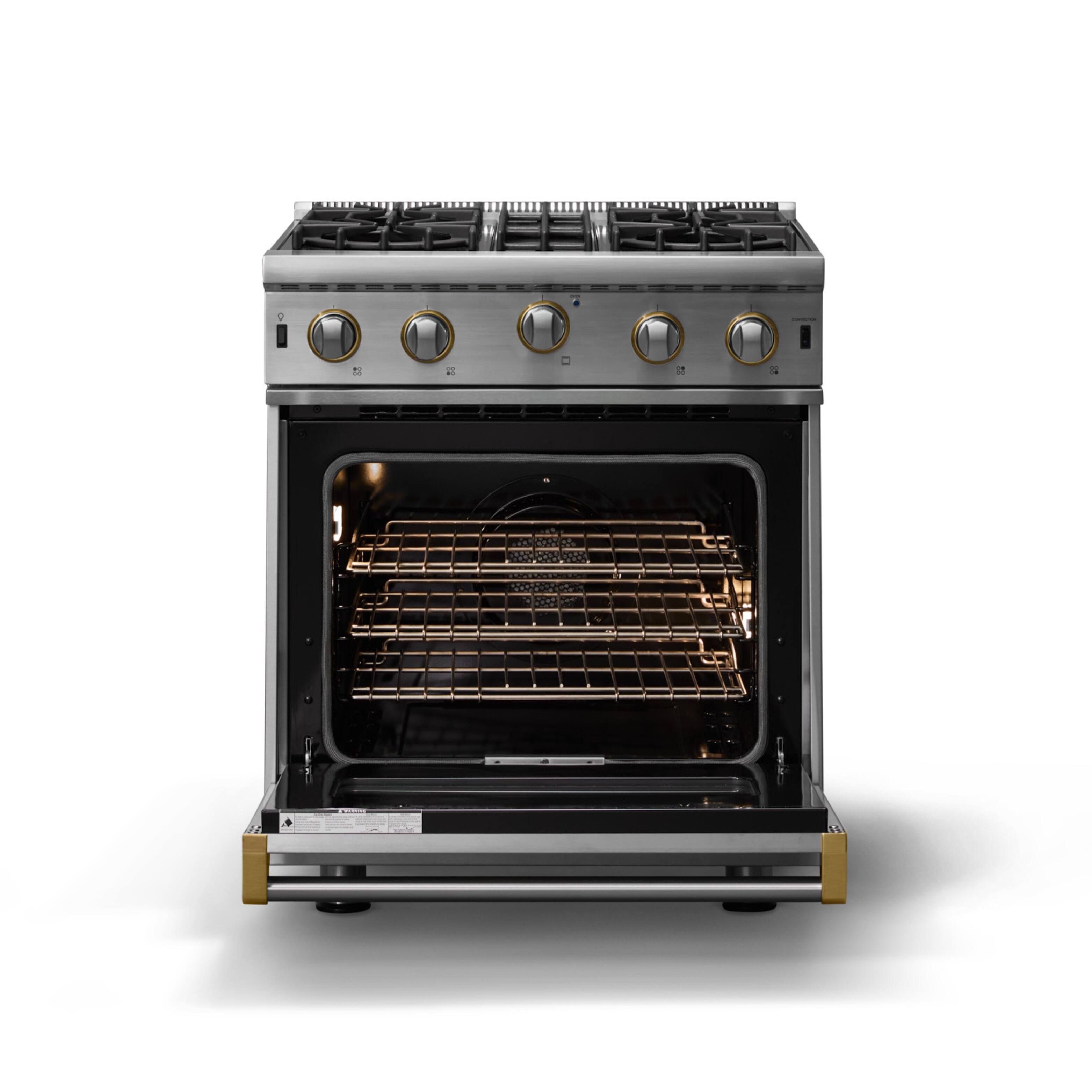 Alt View 2. Viking - 30"W. 4.0 Cu. Ft. Freestanding Self-Clean Open Burner Gas Convection Range - Stainless Steel w. Brushed Brass Trim - Stainless steel.