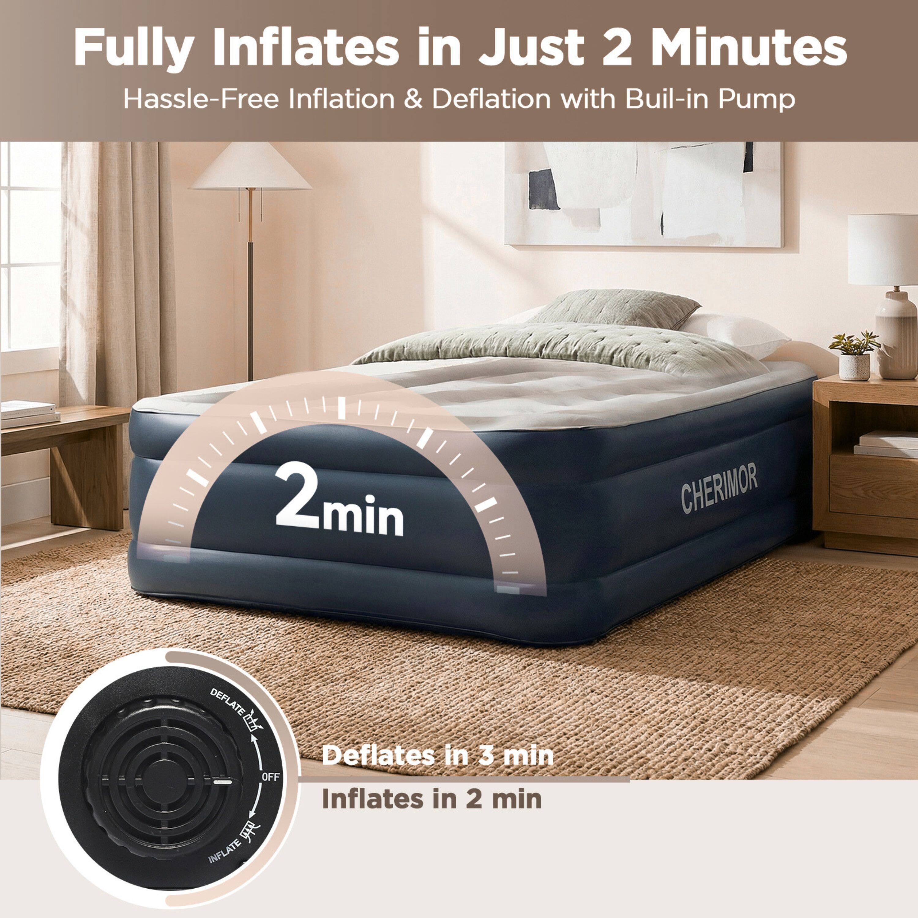 Fully Inflates in Just 2 Minutes  
Hassle-Free Inflation & Deflation with Built-in Pump

2min

CHERIMOR

Deflates in 3 min  
Inflates in 2 min
