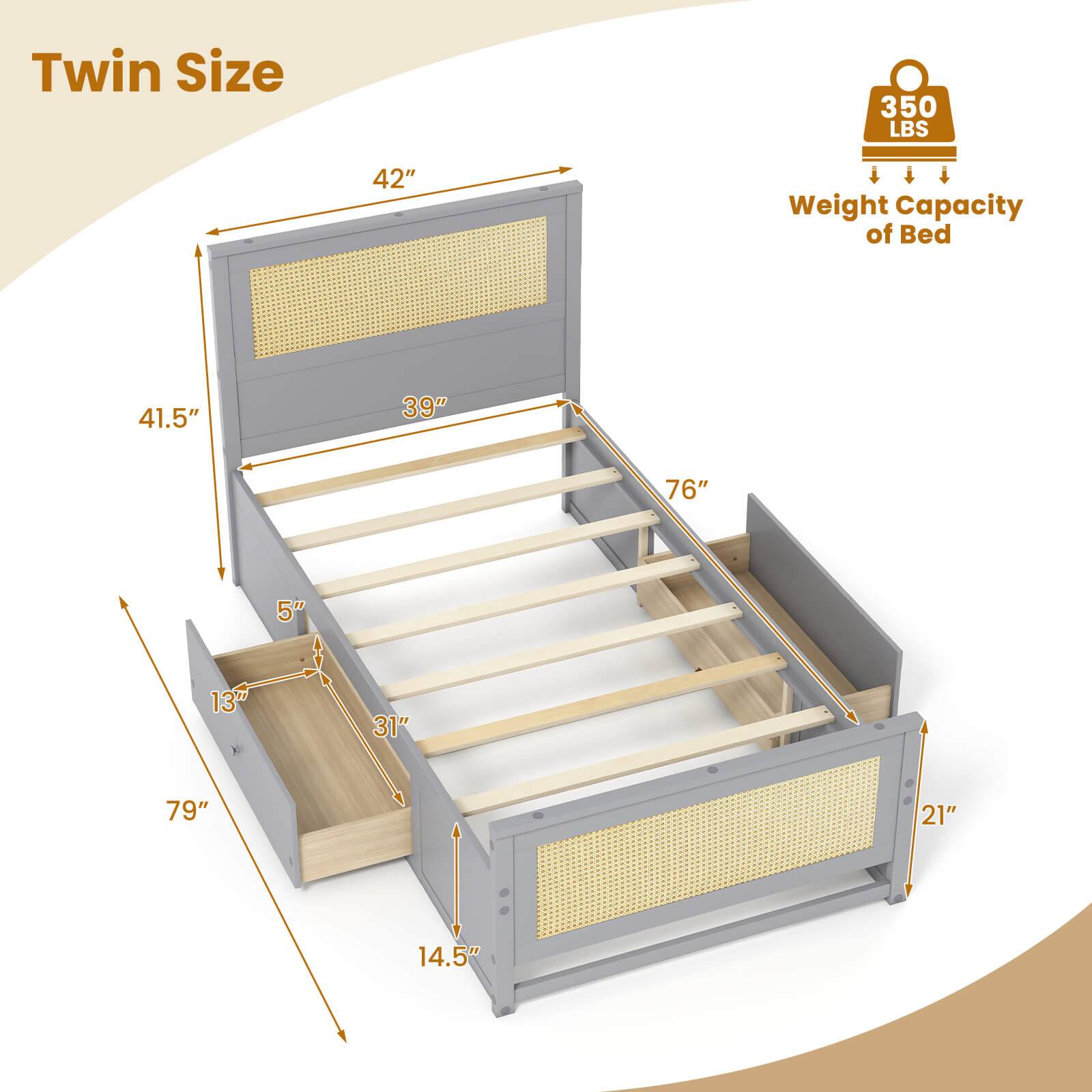 Twin Size  
350 LBS  
Weight Capacity of Bed  
42"  
41.5"  
39"  
76"  
5"  
13"  
31"  
79"  
21"  
14.5"