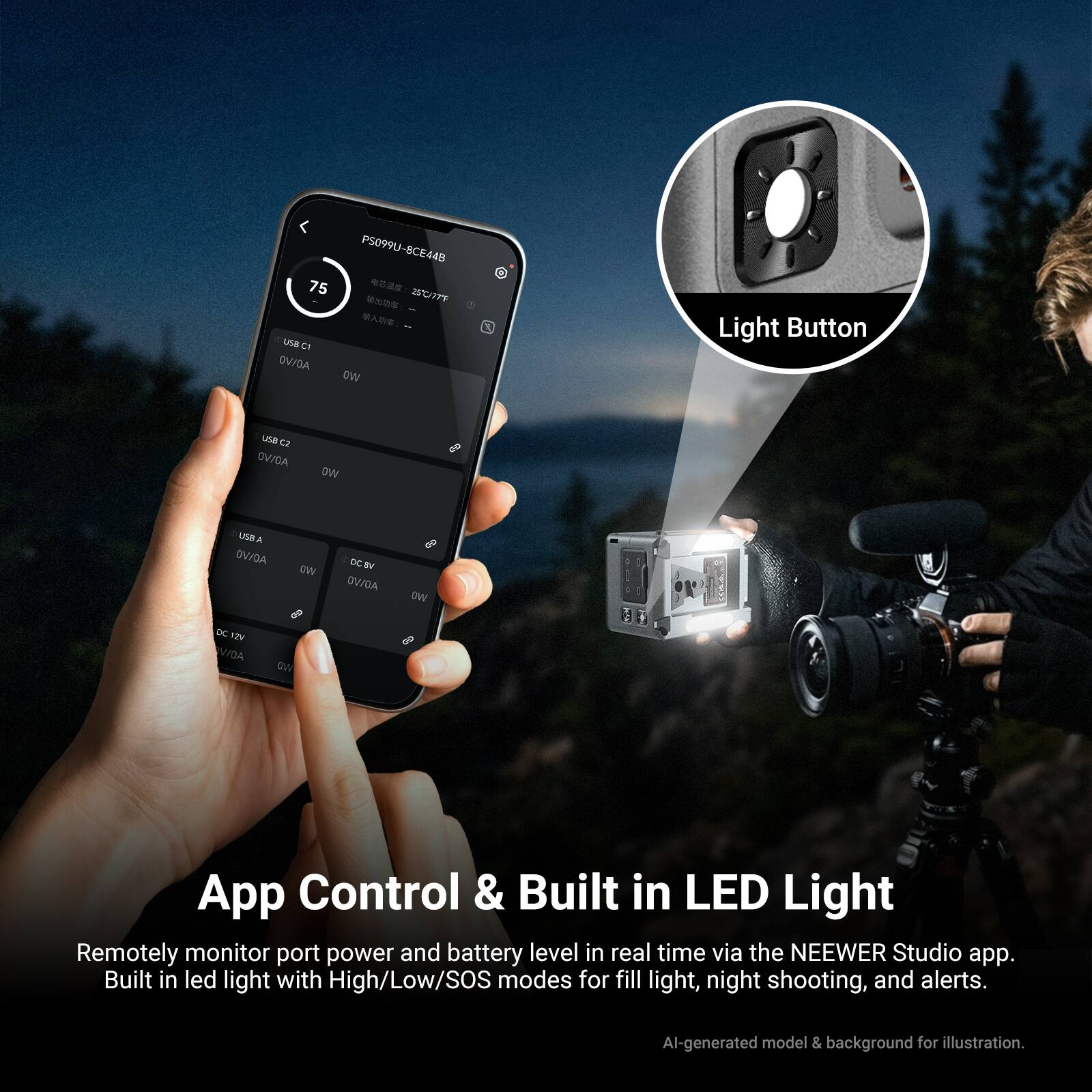 PS099U-8CE448 P5O99U 75   U  LSB C ADWO ow Light Button LNE C2 OVOA ow UB a OVYDA oW 3 DCNV  OWOA we DC ADI WDA DW s0 App Control & Built in LED Light Remotely monitor port power and battery level in real time via the NEEWER Studio app. Built in led light with High/Low/SOS modes for fill light, night shooting, and alerts. Al-generated model & background for illustration.