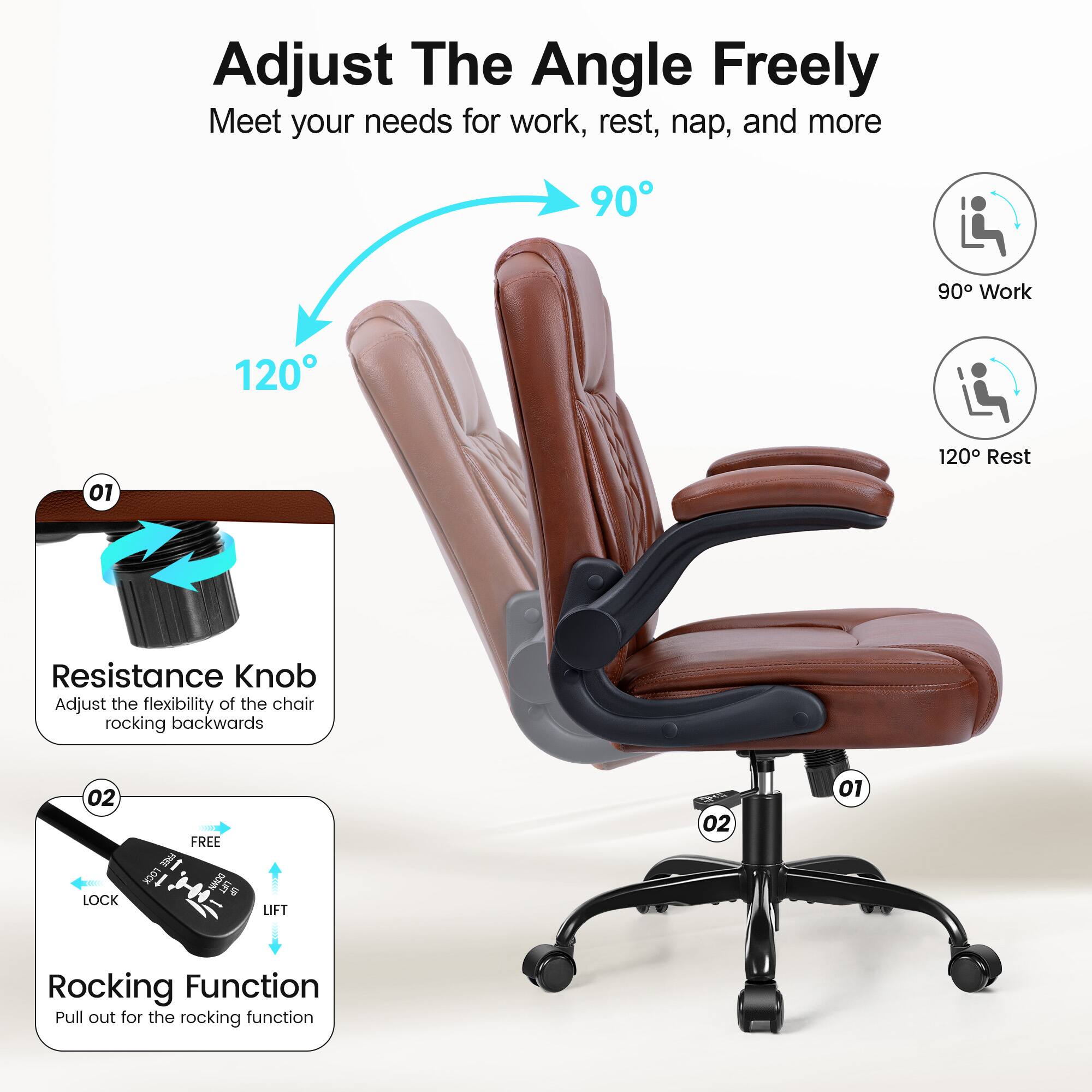 Adjust The Angle Freely  
Meet your needs for work, rest, nap, and more  

90° Work  
120° Rest  

01 Resistance Knob  
Adjust the flexibility of the chair rocking backwards  

02 Rocking Function  
Pull out for the rocking function  

LOCK FREE  
LOCK  
LIFT