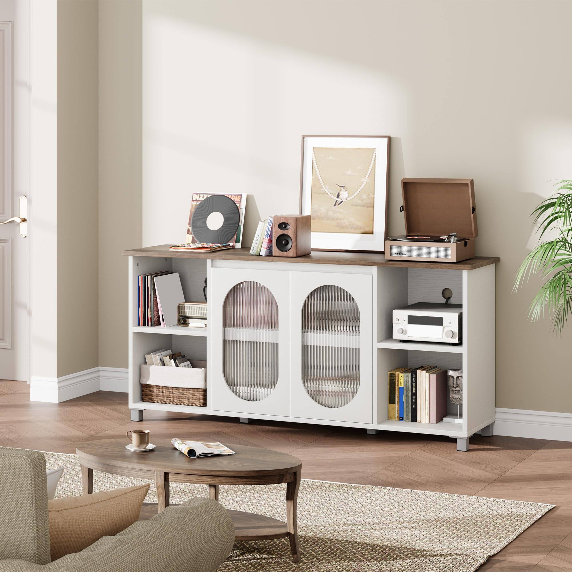 Angle. Qeetex - 62.6" Modern TV Stand for 70 Inch TV, Corrugated Glass Doors, 4 Open Shelves & 2 Storage Cabinets - White.