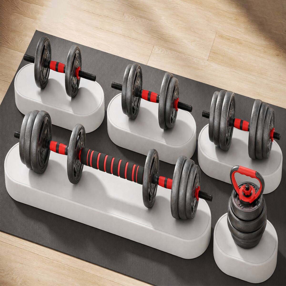 Angle. Loheer - Loheer Adjustable Dumbbell Set 66 lb Convertible Weights for Home Gym Barbell Kettlebell Workouts - Black and Red.