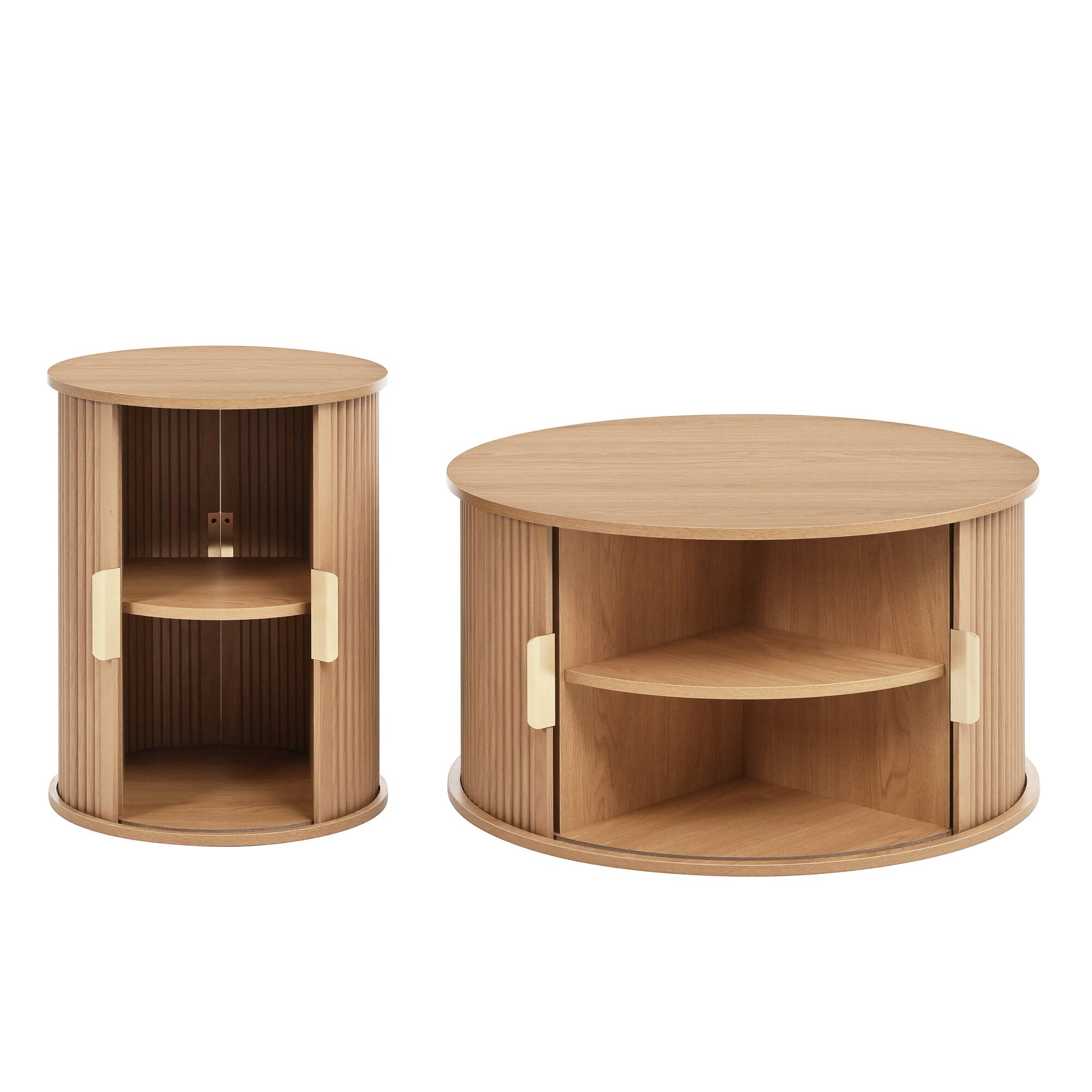 Alt View 7. Tiramisubest - Mid-Century Coffee & Side Table Set of 2 with Tambour Door,Fluted Design,Golden Handle Tall & Low Side Table,Natural - Natural.