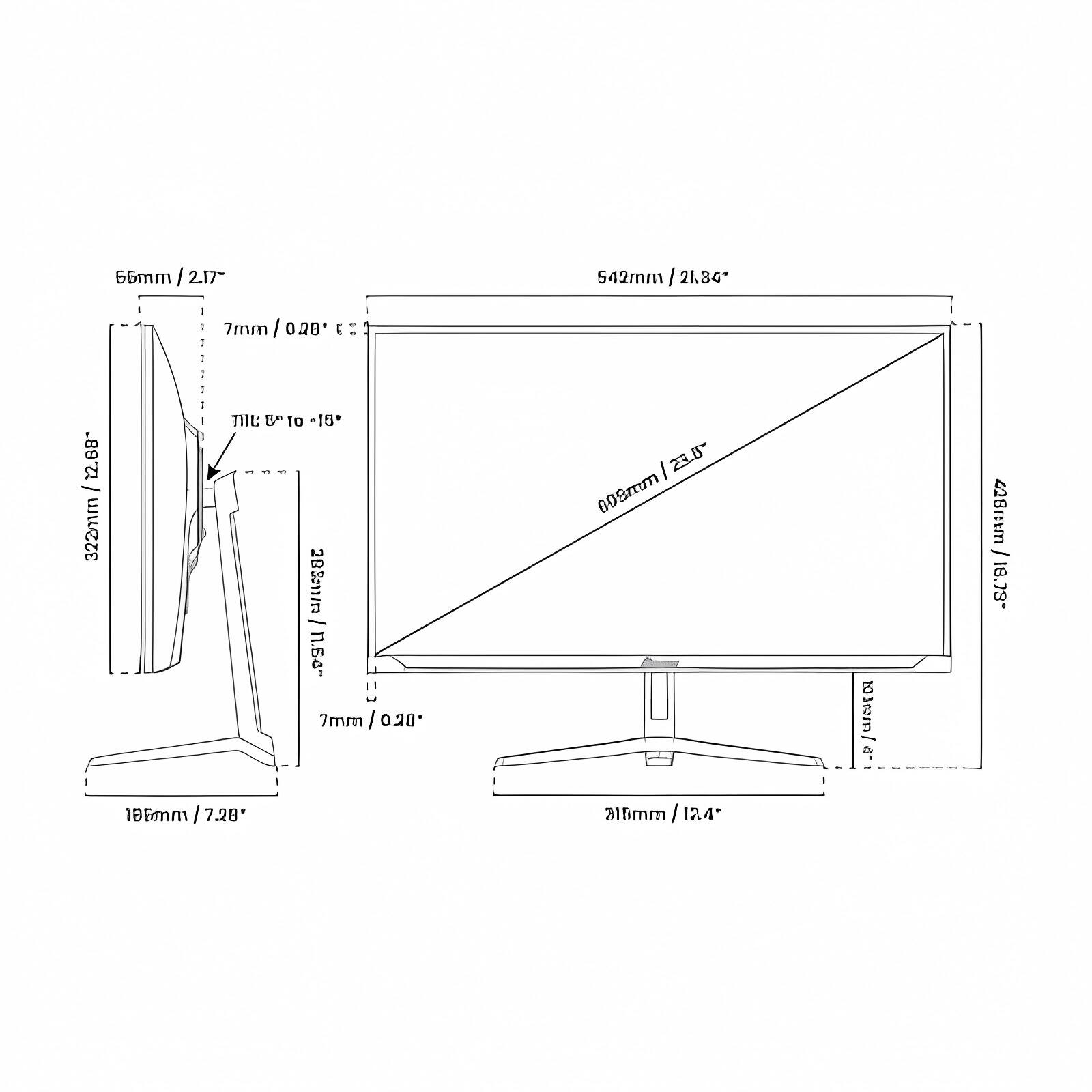 655mm / 2.17  
7mm / 0.20°  
542mm / 21.30°  
322mm / 12.48°  
186mm / 7.28°  
210mm / 12.4°  
609mm / 23.0°  
226mm / 18.1°  
7mm / 0.20°