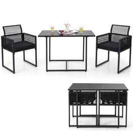 Costway - 3PCS Patio PE Wicker Furniture Set Cushioned Chairs with Folding Backrest Backyard - Black + Black