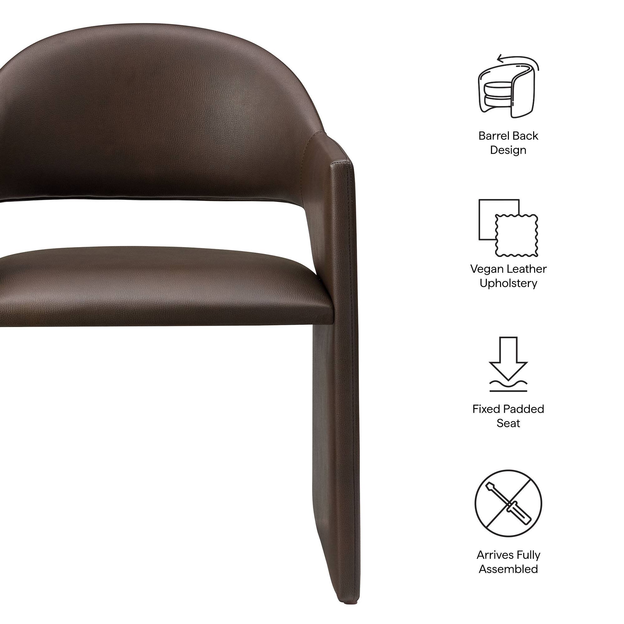 - Barrel Back Design
- Vegan Leather Upholstery
- Fixed Padded Seat
- Arrives Fully Assembled