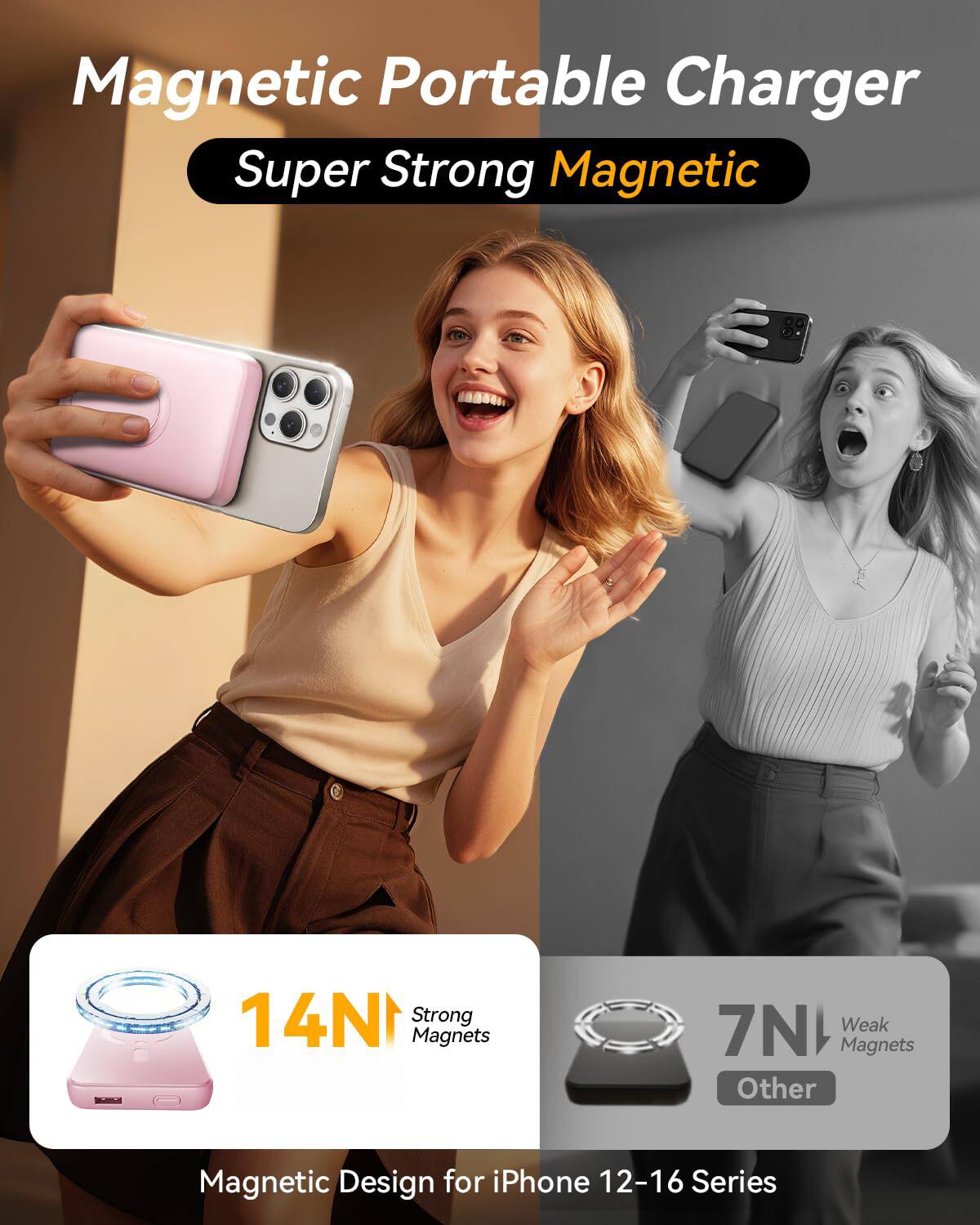 Magnetic Portable Charger  
Super Strong Magnetic  

14N Strong Magnets  
7N Weak Magnets  

Magnetic Design for iPhone 12-16 Series