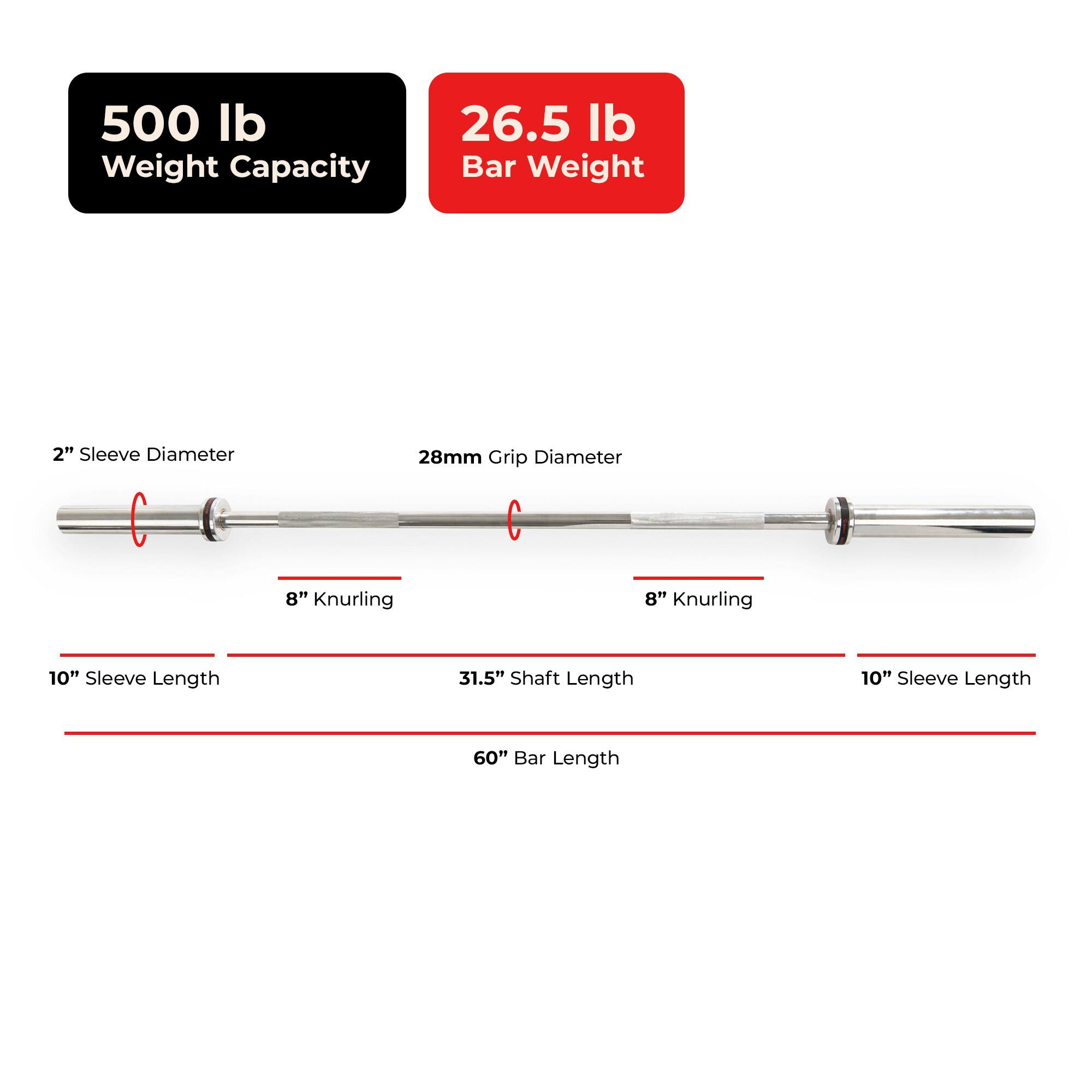 500 lb Weight Capacity  
26.5 lb Bar Weight  
2" Sleeve Diameter  
28mm Grip Diameter  
8" Knurling  
10" Sleeve Length  
31.5" Shaft Length  
60" Bar Length