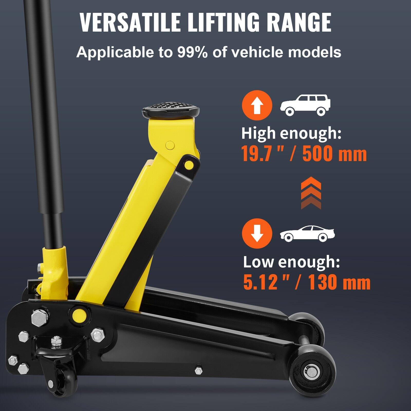 VERSATILE LIFTING RANGE  
Applicable to 99% of vehicle models  

High enough:  
19.7" / 500 mm  

Low enough:  
5.12" / 130 mm