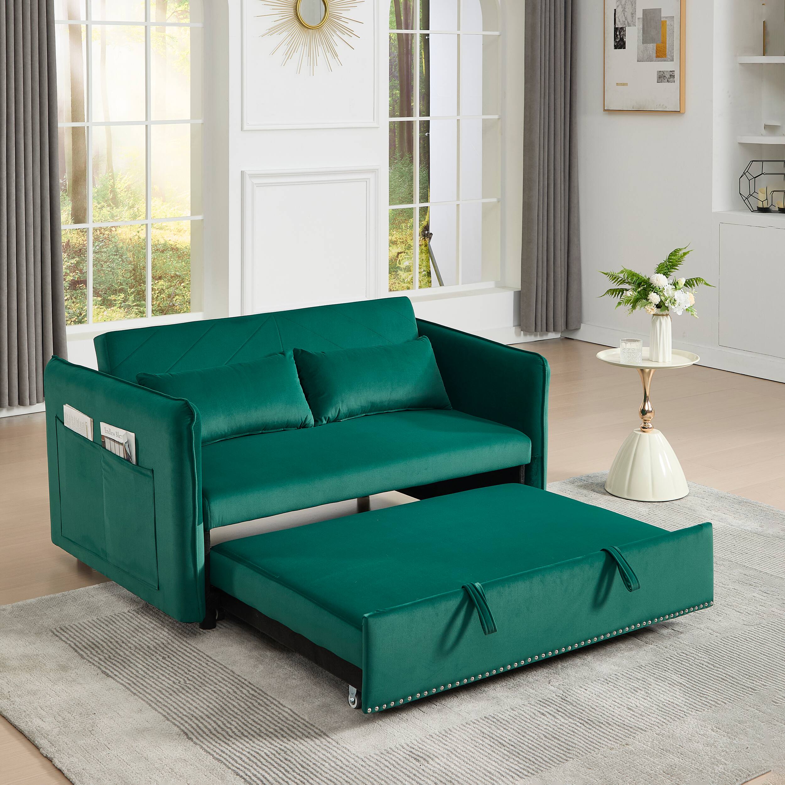 Alt View 1. Tiramisubest - 3 in 1 Convertible Sleeper Futon Sofa Bed,55" Velvet Loveseat with 2 Pillows,Reclining Backrest & Side Pockets,Green - Green.