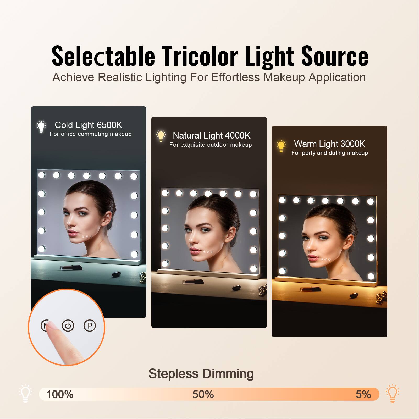 Selectable Tricolor Light Source  
Achieve Realistic Lighting For Effortless Makeup Application  

- Cold Light 6500K  
  For office commuting makeup  

- Natural Light 4000K  
  For exquisite outdoor makeup  

- Warm Light 3000K  
  For party and dating makeup  

Stepless Dimming  
100%  
50%  
5%