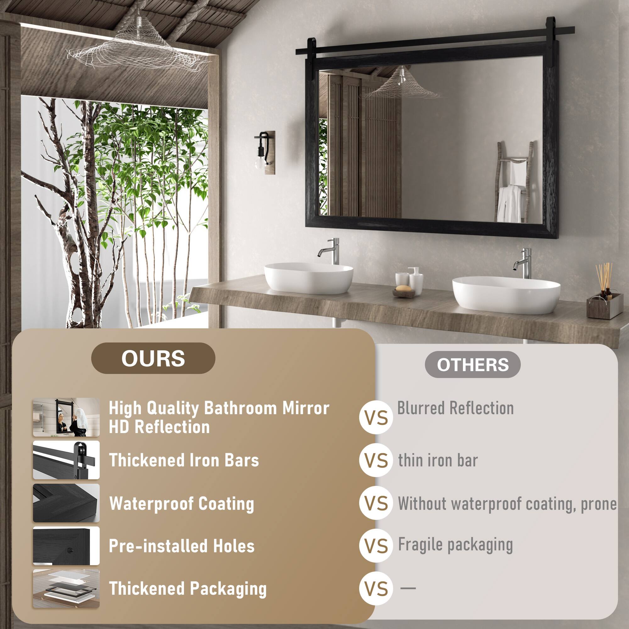 **OURS**

- High Quality Bathroom Mirror
- HD Reflection
- Thickened Iron Bars
- Waterproof Coating
- Pre-installed Holes
- Thickened Packaging

**OTHERS**

- Blurred Reflection
- Thin iron bar
- Without waterproof coating, prone
- Fragile packaging