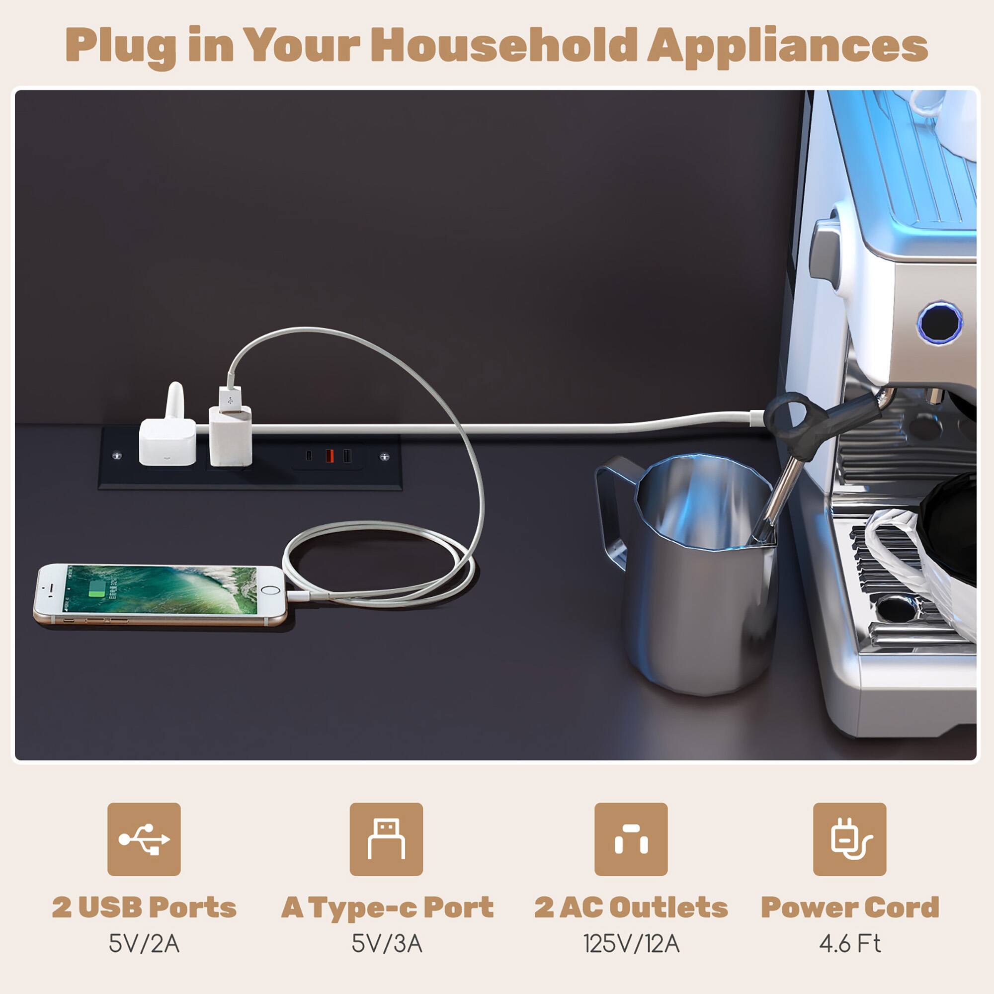 Plug in Your Household Appliances

- 2 USB Ports
  - 5V/2A

- A Type-c Port
  - 5V/3A

- 2 AC Outlets
  - 125V/12A

- Power Cord
  - 4.6 Ft