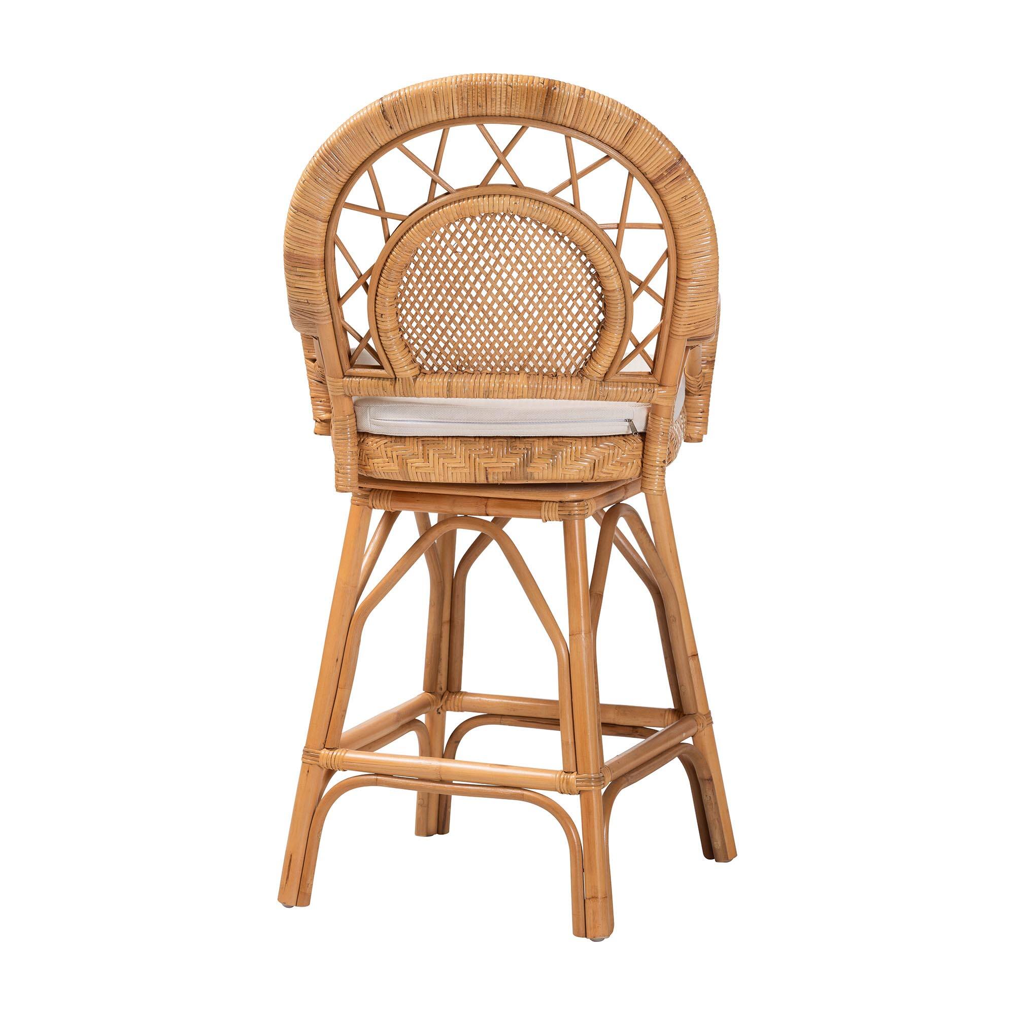 Back. bali & pari - Adam Natural Rattan Counter Stool with Cushion - Handwoven Wicker Swivel Bar Chair for Kitchen Island or Lounge Area - Light Honey.