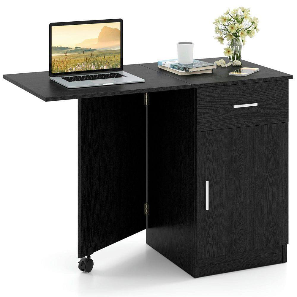 Back. Kadyn - Folding Mobile Computer Desk - Drawer & Cabinet, Home Office Essential, Black - Black.