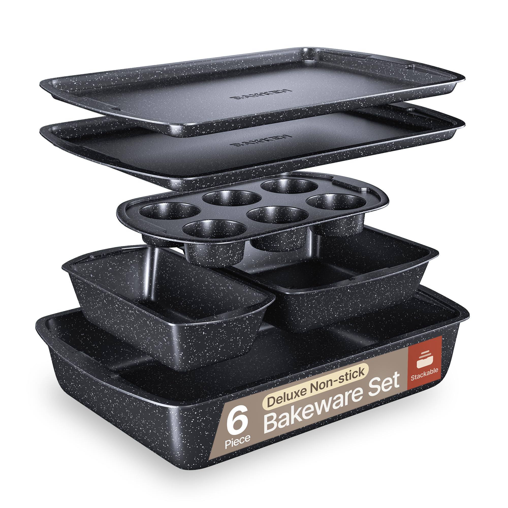 Bakken- Swiss - Bakken Swiss - Bakeware Set – 6 Piece – Stackable, Deluxe, Non-Stick Baking Pans for Professional and Home Cooking – Car - Gray Marble