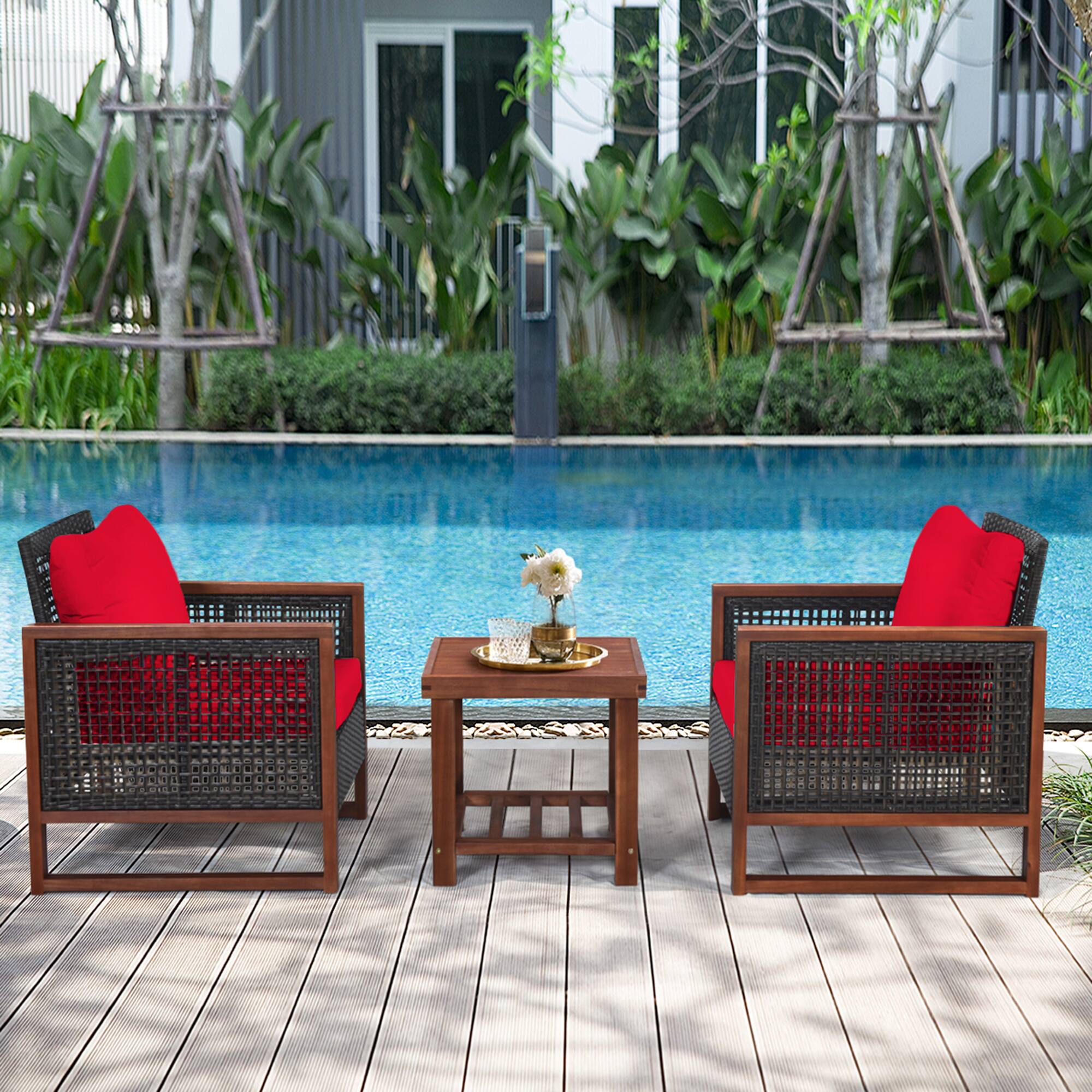 Alt View 4. Gymax - Gymax 3PCS Rattan Wicker Patio Conversation Set Outdoor Furniture Set w/ Red Cushion - Red.