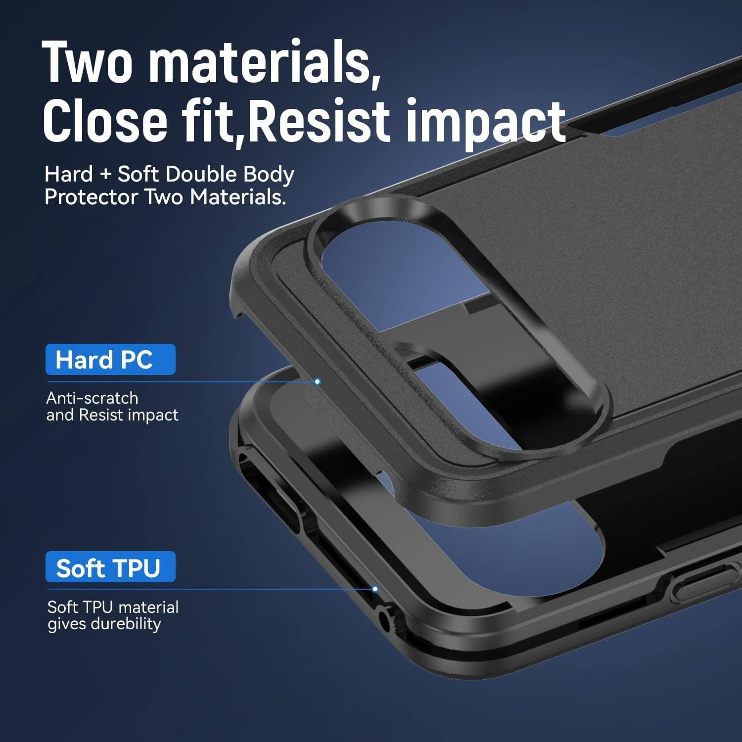Two materials, Close fit, Resist impact
Hard + Soft Double Body Protector Two Materials.
Hard PC Anti-scratch and Resist impact
Soft TPU Soft TPU material gives durability