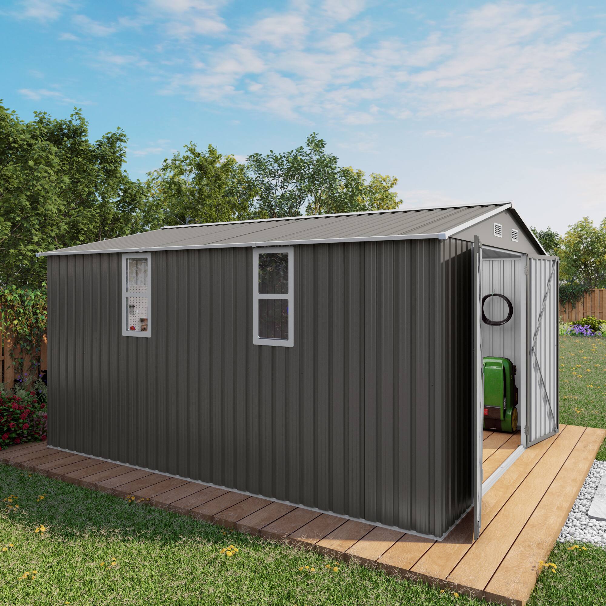 Alt View 10. Loheer - Loheer 10x12 Outdoor Storage Shed Large Metal Garden Shed Waterproof Tool Shed with Double Doors and Windows Grey.