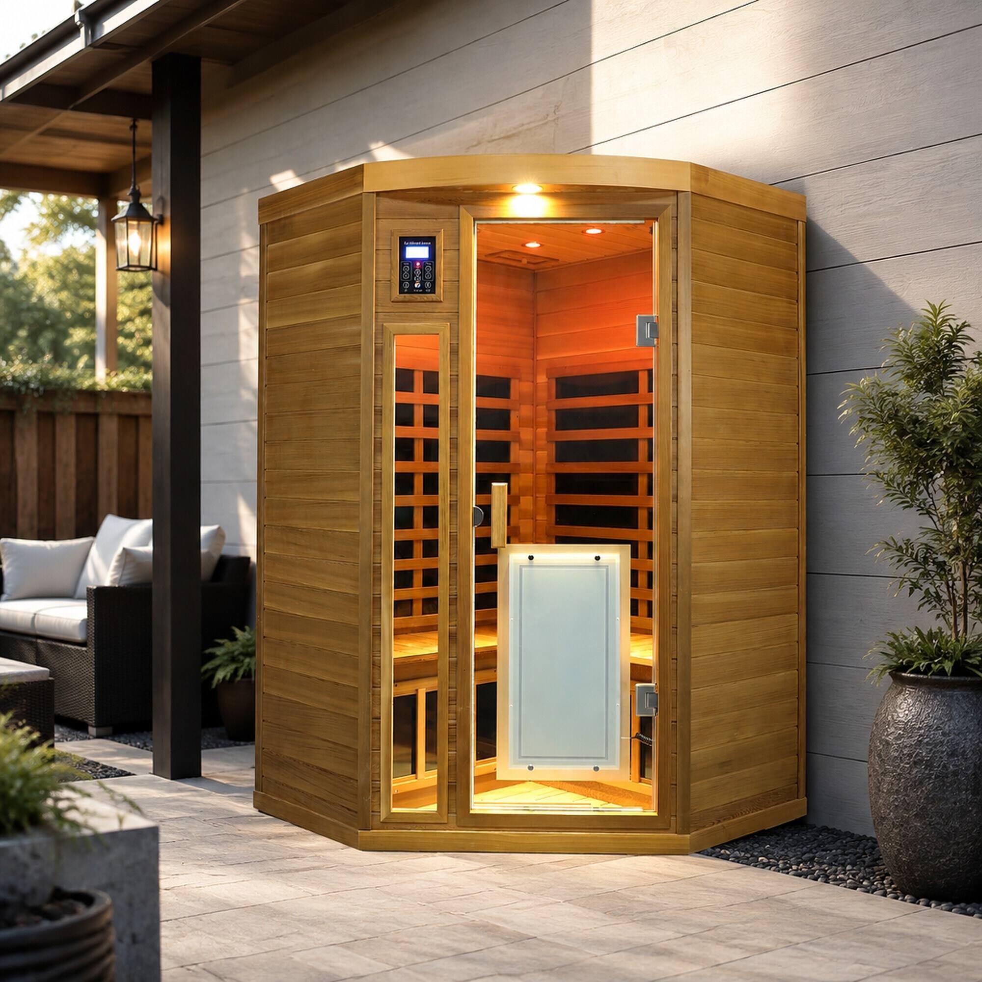 Angle. RYHNUYNE - Low EMF 2 Person Far-Infrared Sauna, Red Cedar, Indoor Pentagonal Room, 8 Heating Panels, 1760W - Natural Wood.