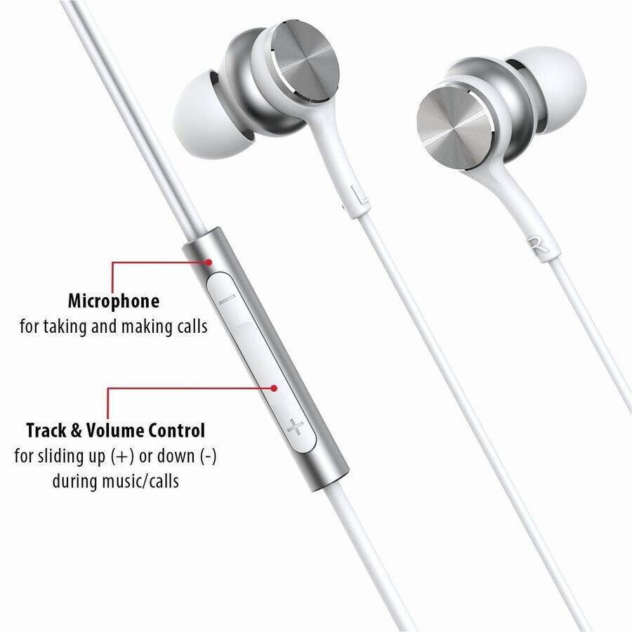 Microphone for taking and making calls  
Track & Volume Control for sliding up (+) or down (-) during music/calls