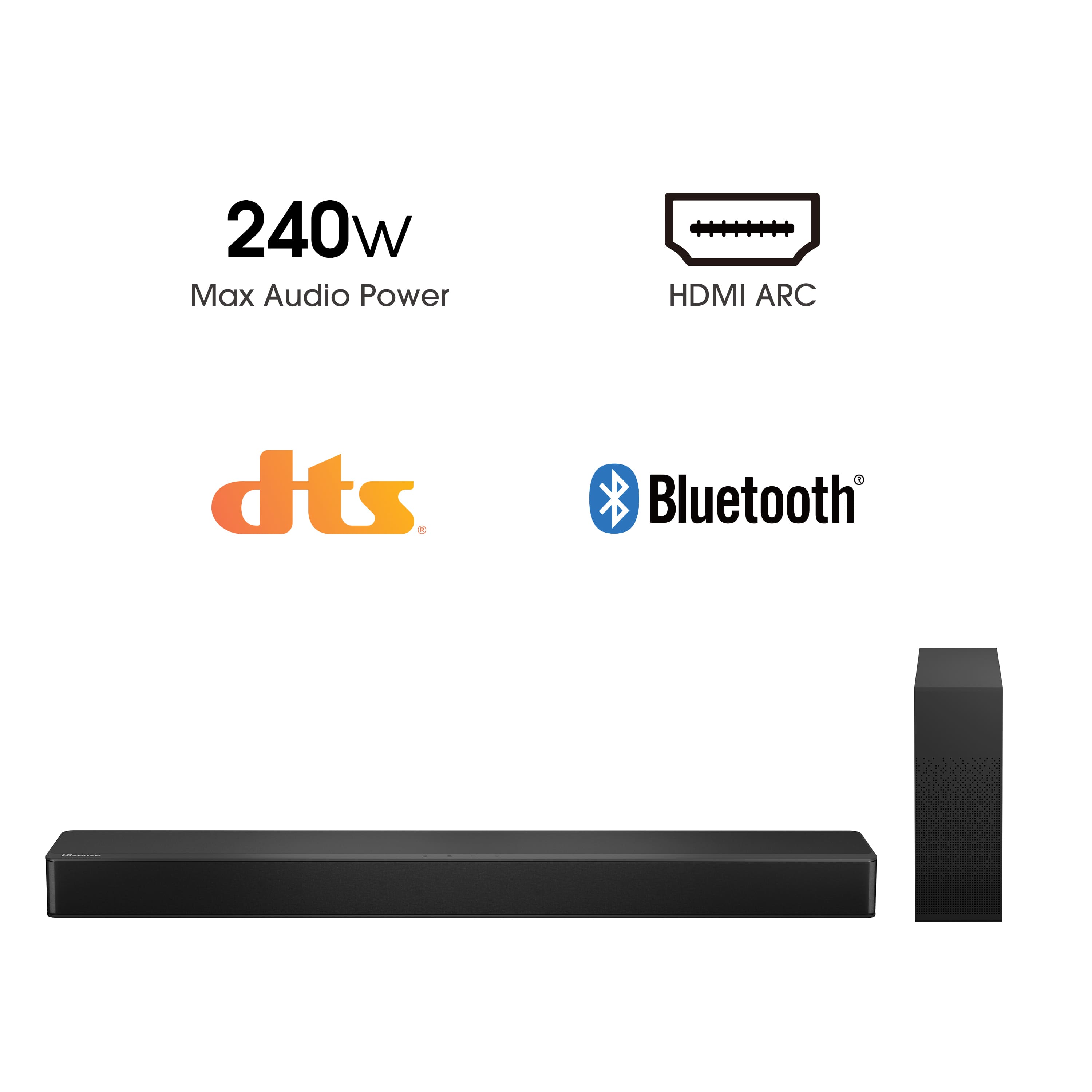 The text on the image is grouped as follows:
1. 240w Max Audio Power
2. HDMI ARC
3. dts
4. Bluetooth