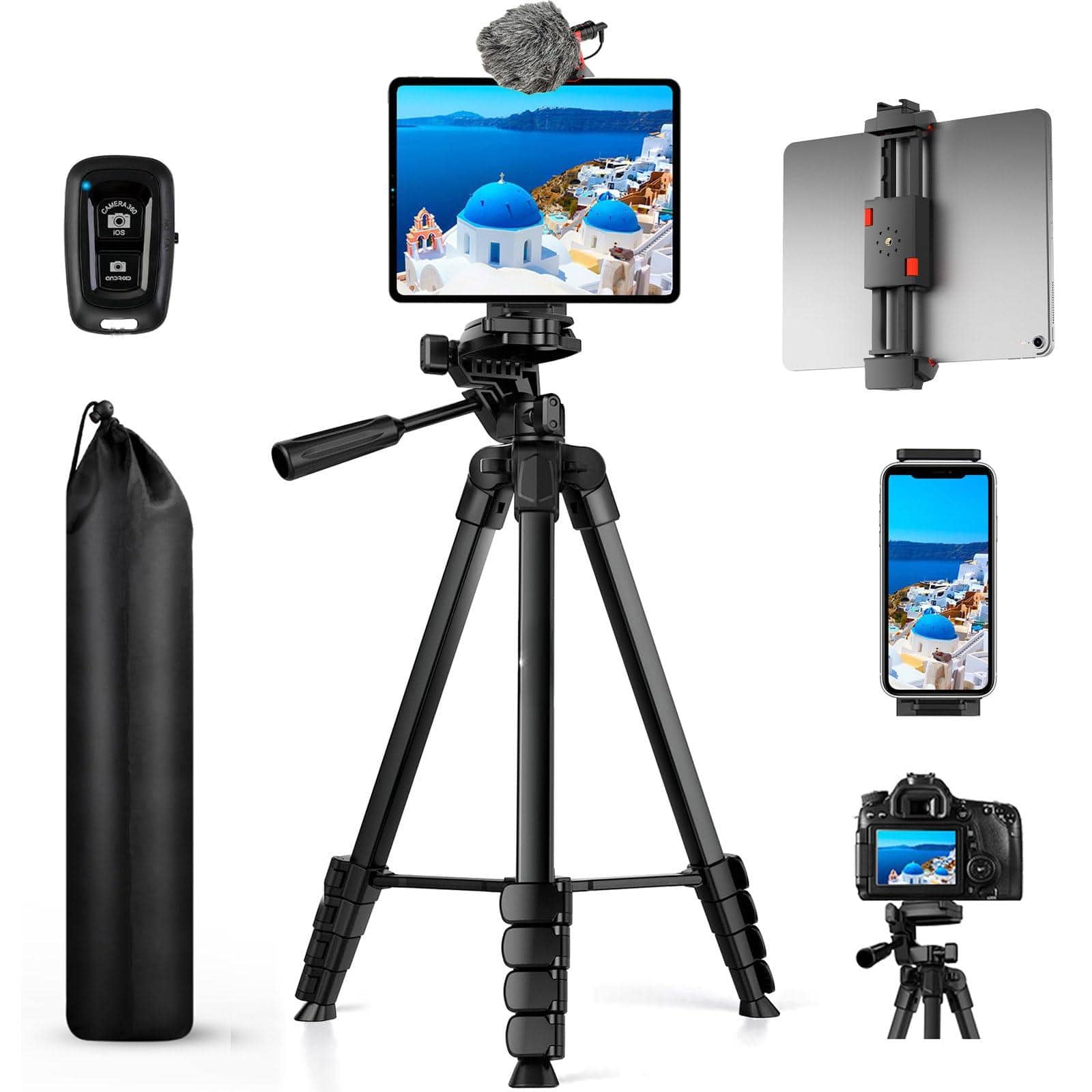 TECH SAFARI - Ipad Tripod Stand 67 Phone For Tablet Camera With 2 In1 Holder Remote Carry Bag Aluminum Video Recording - Black
