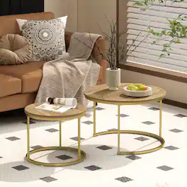 Loheer - 27.6in Round Nesting Coffee Table Set of 2 Wood Marble Pattern Stackable Metal Frame End Tables - Brown