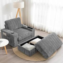 Trinkets Crazed - Oversized Chaise Lounge Indoor,Faux Rabbit Fur Sofa Bed with Storage Ottoman and Armrests,Cup Holder - Gray