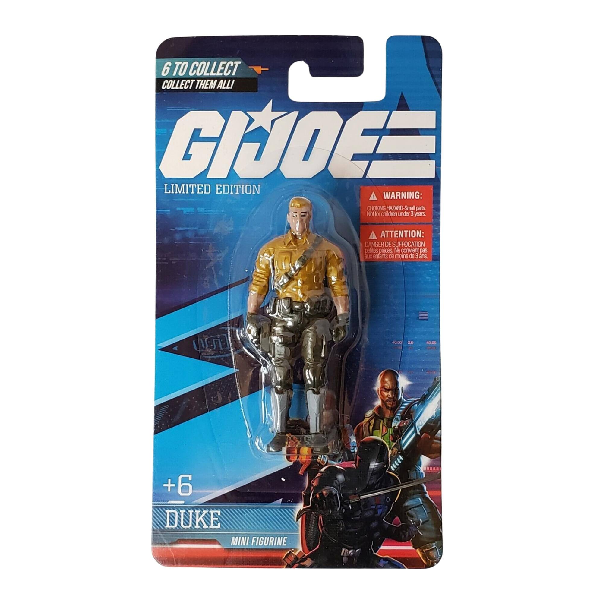 6 TO COLLECT  
COLLECT THEM ALL!  

GI JOE  
LIMITED EDITION  

WARNING: CHOKING HAZARD - Small parts. Not for children under 3 years.  

ATTENTION: DANGER DE SUFFOCATION - Petite pièce. Ne convient pas aux enfants de moins de 3 ans.  

+6  
DUKE  
MINI FIGURINE