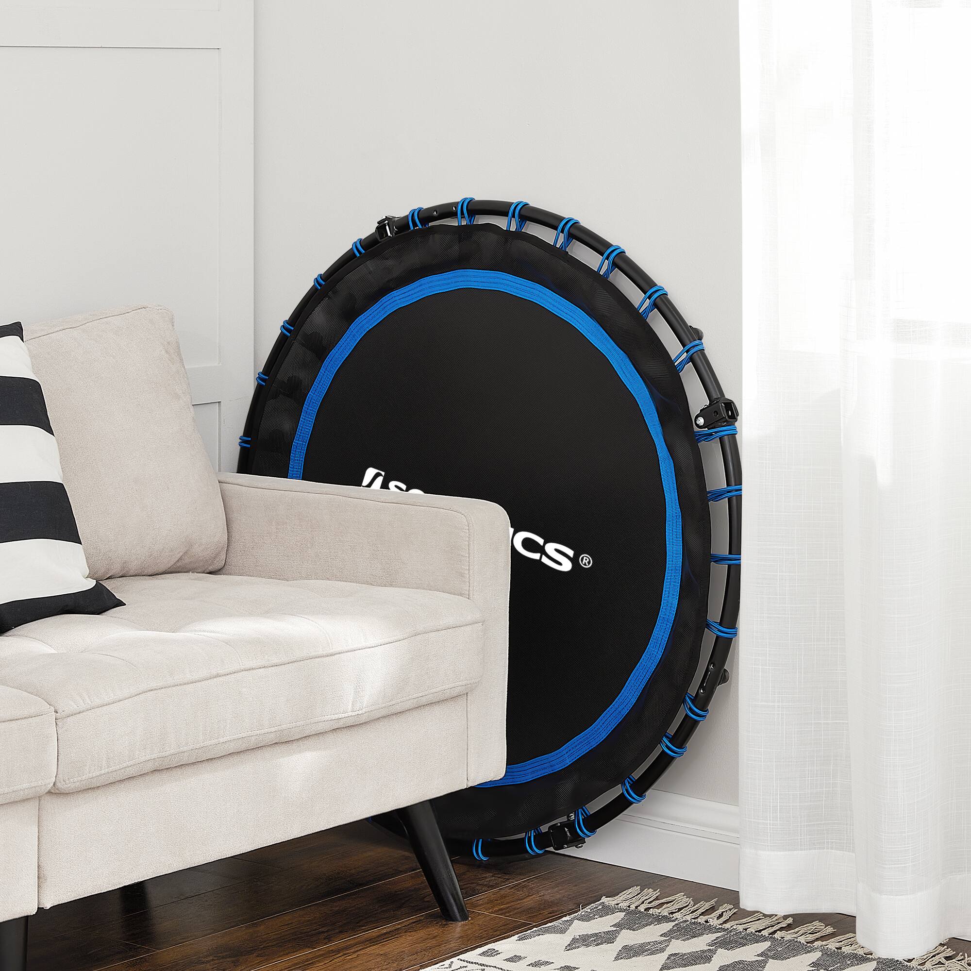 Alt View 1. Songmics Home - 40 Inches Mini Fitness Trampoline, Fitness Rebounder with Adjustable Handrail, Foldable Trampoline for At-Home Workout - Blue and Black.