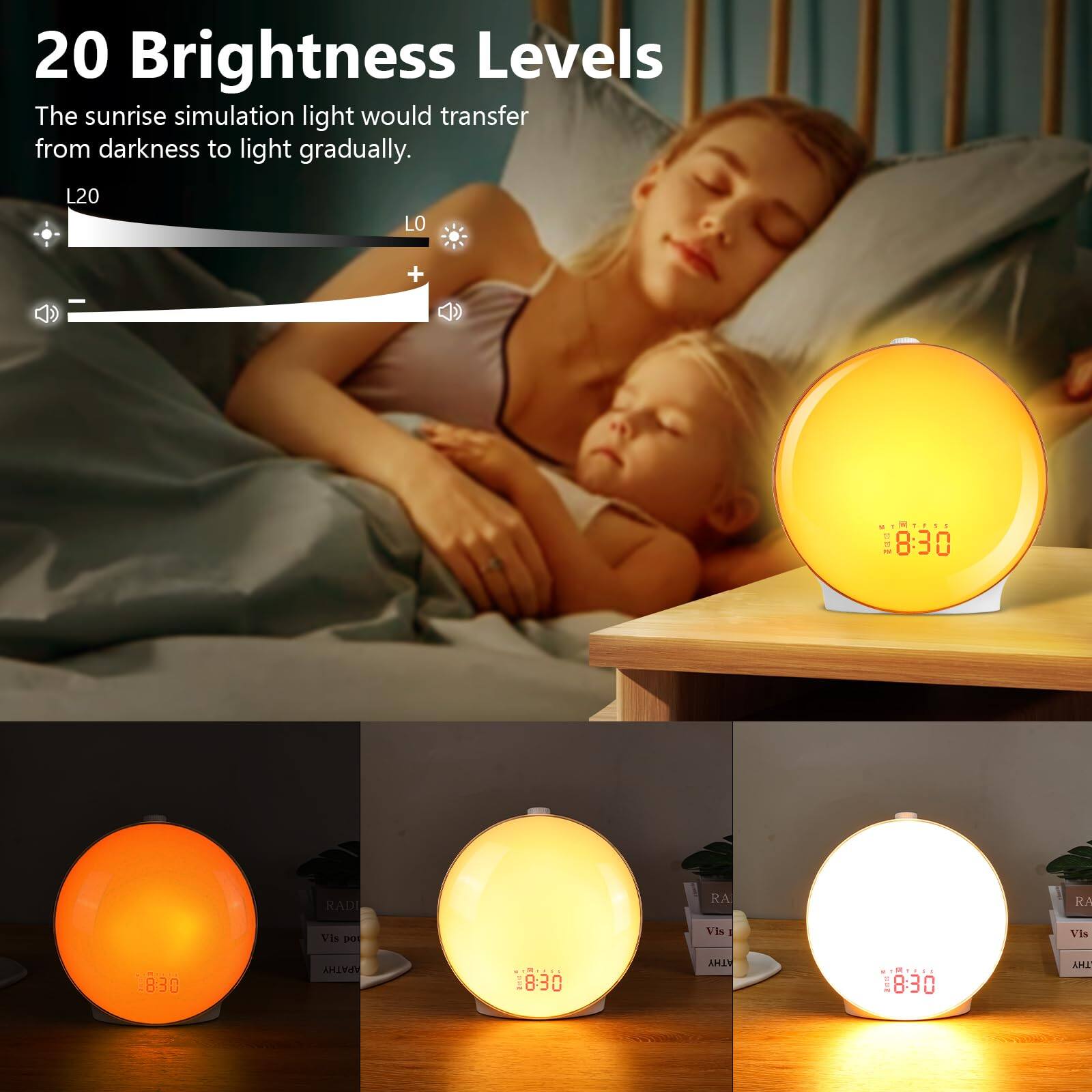 20 Brightness Levels  
The sunrise simulation light would transfer from darkness to light gradually.