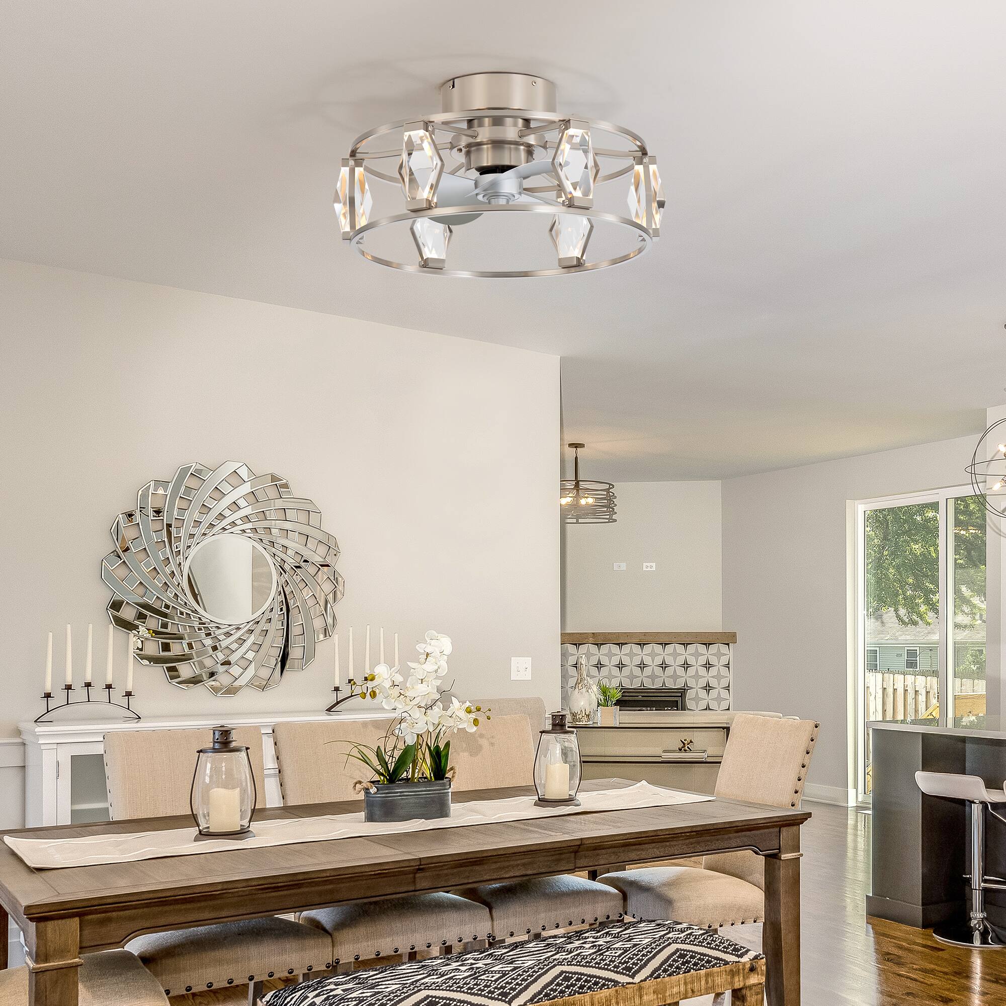 Alt View 1. Breezary - 20-Inch Indoor Flush Mount Caged Ceiling Fan with 3 ABS Blades, DC Motor, 6-Speed Remote Control, Timer, Modern Design - Satin Nickel and Silver.