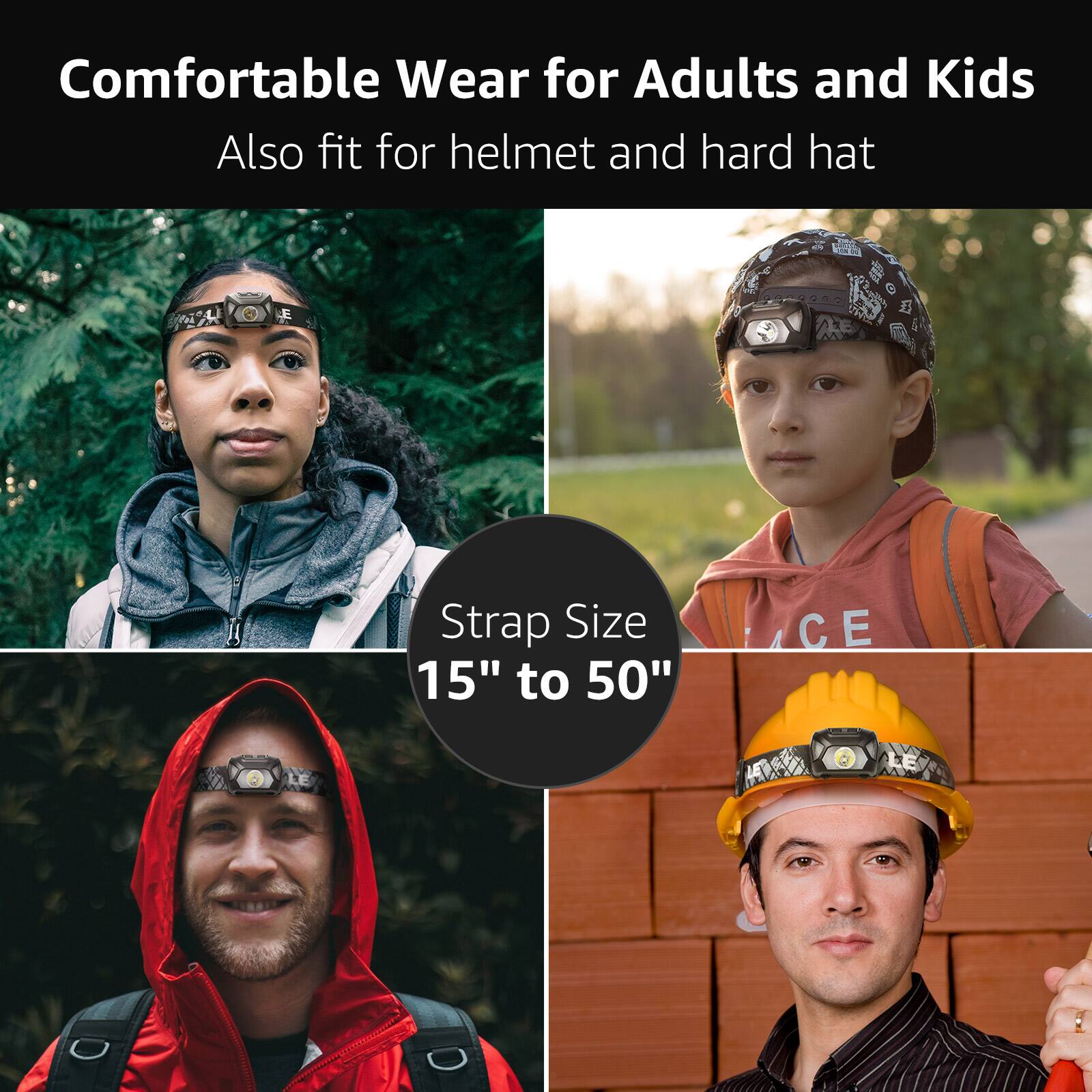 Comfortable Wear for Adults and Kids  
Also fit for helmet and hard hat  

Strap Size 15" to 50"