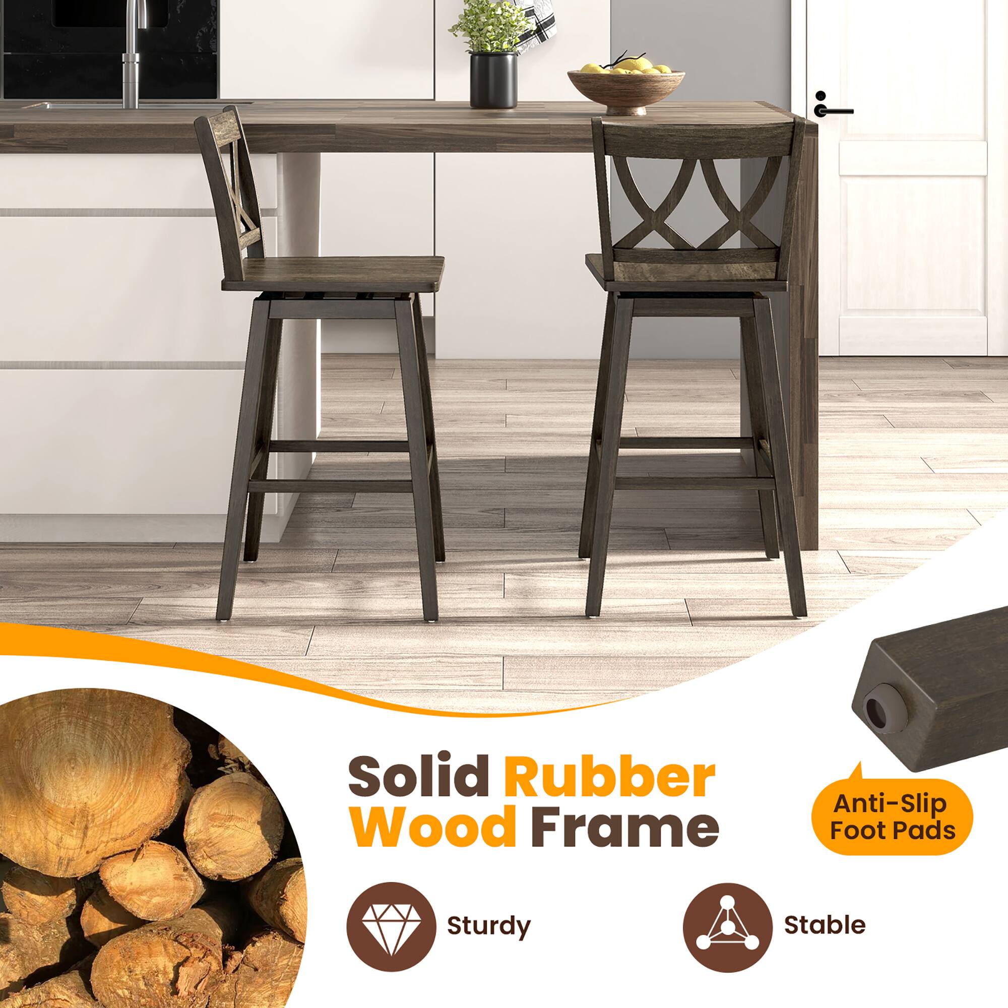 Solid Rubber Wood Frame, Anti-Slip Foot Pads, Sturdy, Stable