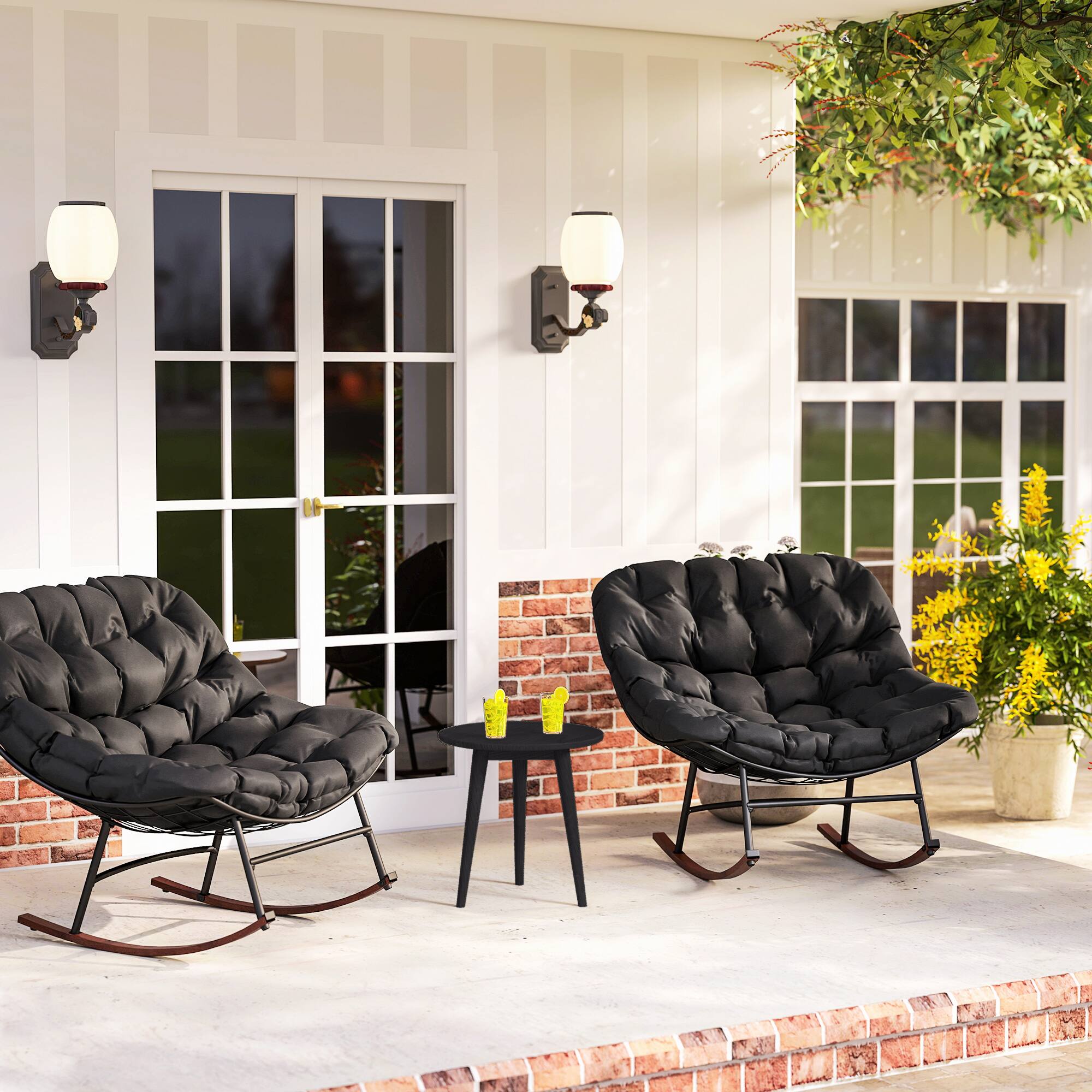 Alt View 6. Outsunny - Rocking Chair Patio Set of 2, Oversized Rocking Papasan Chairs with Cushions for Garden Porch - Black.