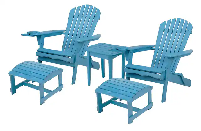Front. Jiallo - Foldable Adirondack Chair with cup holder Conversation Set, 2 Chairs with cup holders with Ottoman and 1 End Table - SKY BLUE.