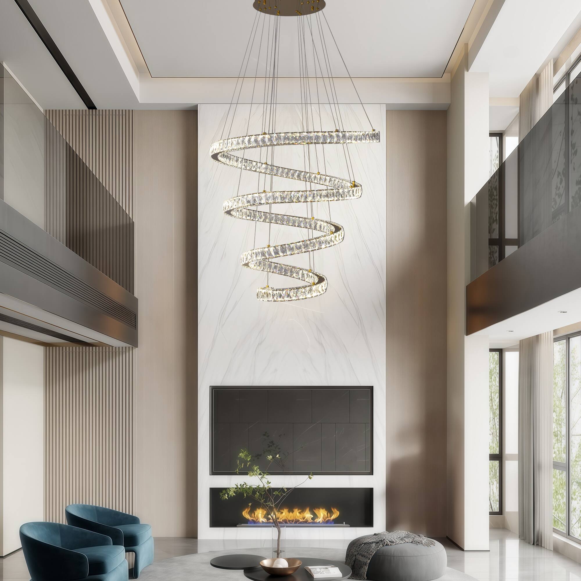 Angle. RYHNUYNE - Gold Spiral Crystal LED Chandelier, 31.5" Smart Dimmable Adjustable Ceiling Light Fixture for Dining Room High Ceilings.