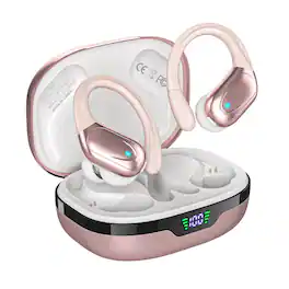 Luckbyte - Wireless Sports Earbuds with Ear Hooks, LED Power Display, 80 Hour Playtime, IPX7 Waterproof, Rose Gold
