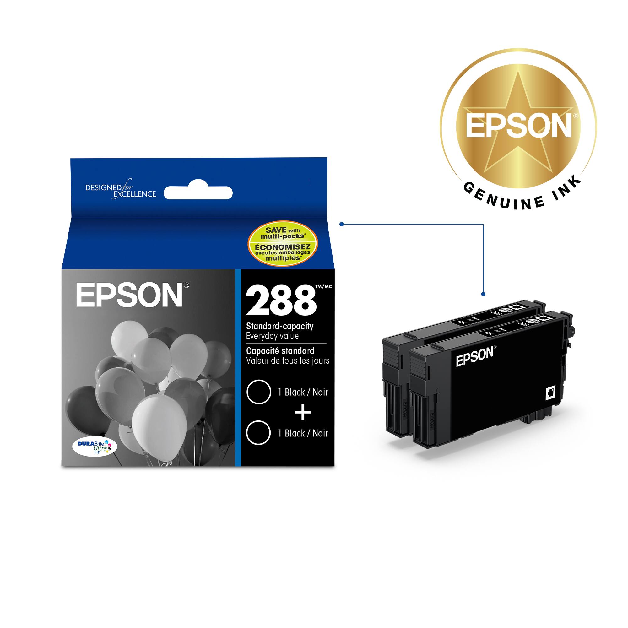 EPSON DESIGNED EXCELLENCE SAVE WTn mulfi-pocks CONOMISEZ veS ss emagos multiples GENUINE INK In mL EPSON 288 Standard-capacity Everyday value Capacit standard Voleur de tous les jours It EPSON' DURAS Uira I I Black ! Noi + I Black ! Noir