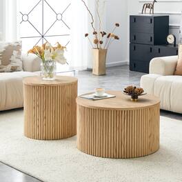 Loheer - Loheer- 2.6ft Round Nesting Coffee Table Set with Storage Roman Column Light Grain Side Tables for Living Room - Wood