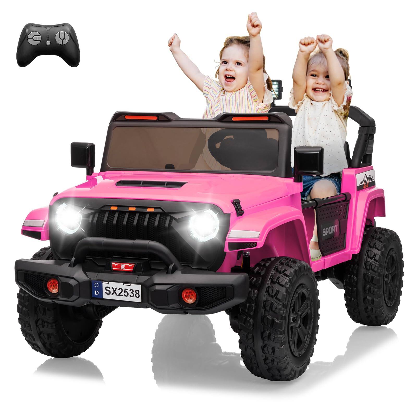 GARVEE - 24V 2 Seater Ride On Truck,Adjustable Car Body,4WD Toys for Big Kids,Remote Control,,3 Speeds,LED Lights,Music - Pink