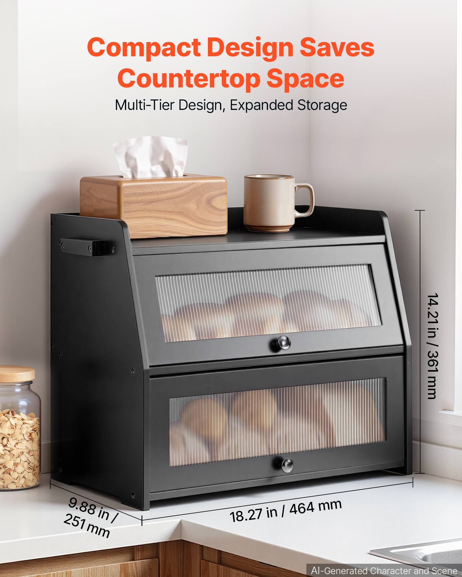Compact Design Saves Countertop Space  
Multi-Tier Design, Expanded Storage  

14.21 in / 361 mm  
9.88 in / 251 mm  
18.27 in / 464 mm  

AI-Generated Character and Scene