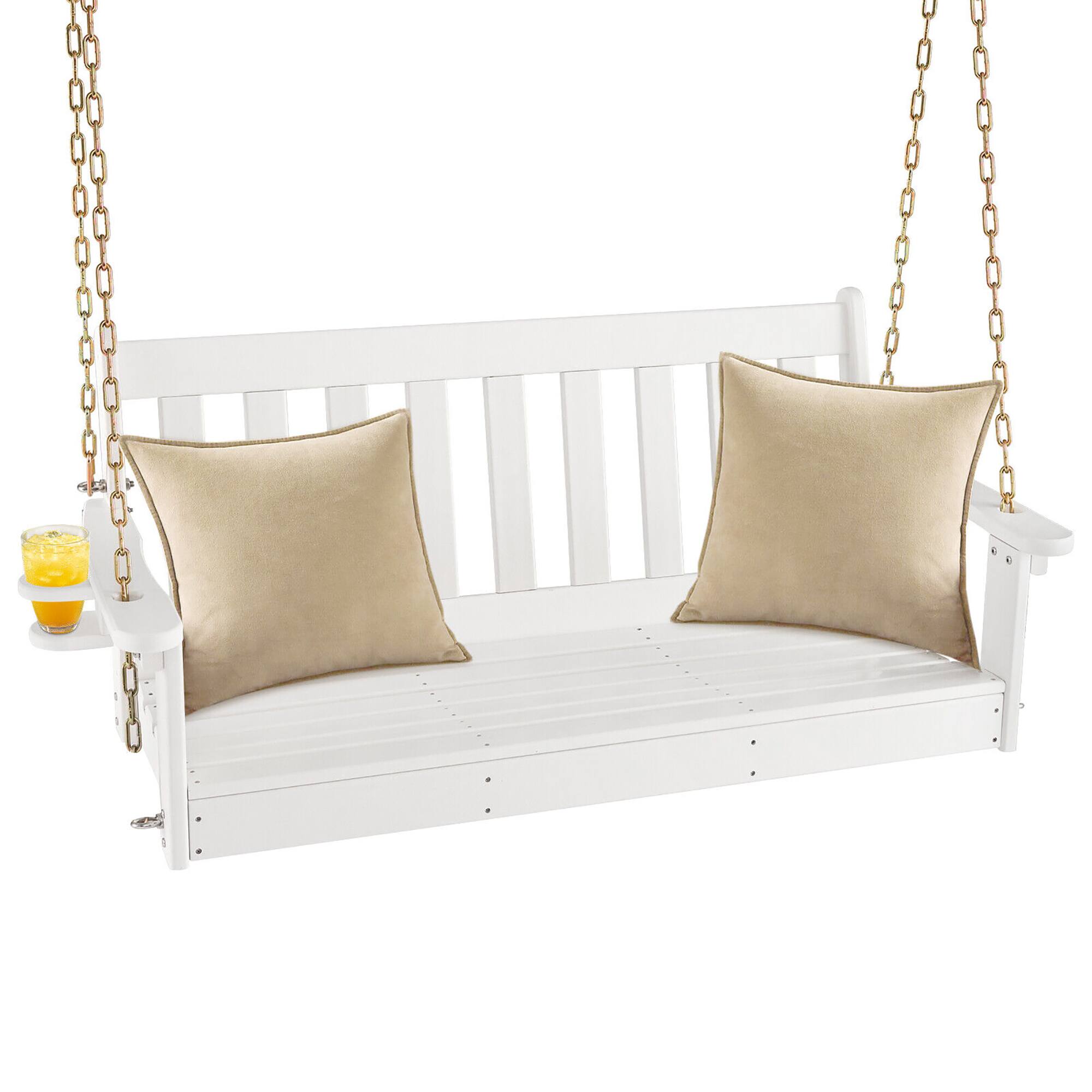 Alt View 9. Gymax - Gymax 54'' HDPE Porch Swing Outdoor Patio Hanging Chair w/ Cup Holder Adjustable Chain - White.