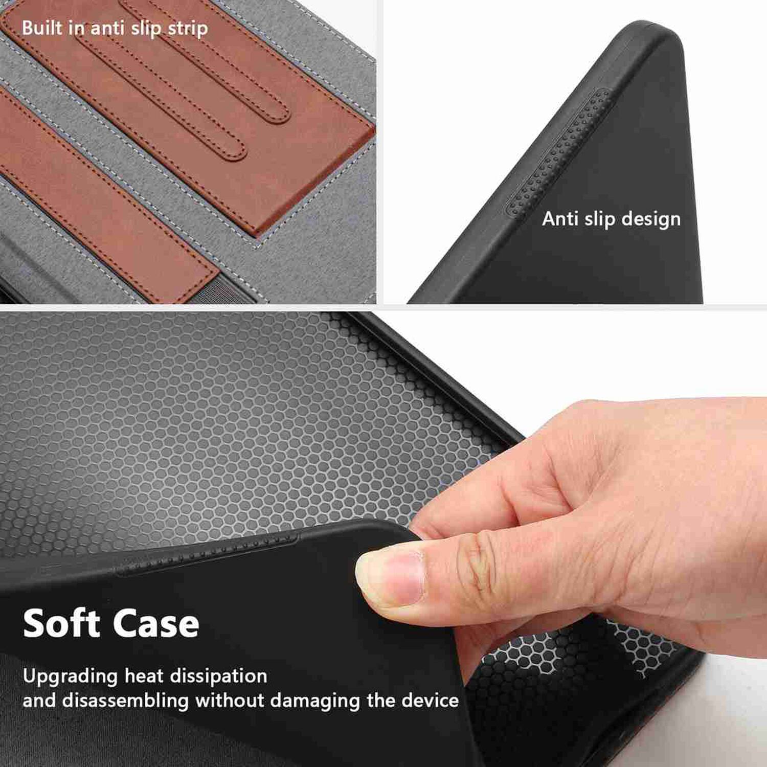 Built in anti slip strip  
Anti slip design  
Soft Case  
Upgrading heat dissipation and disassembling without damaging the device