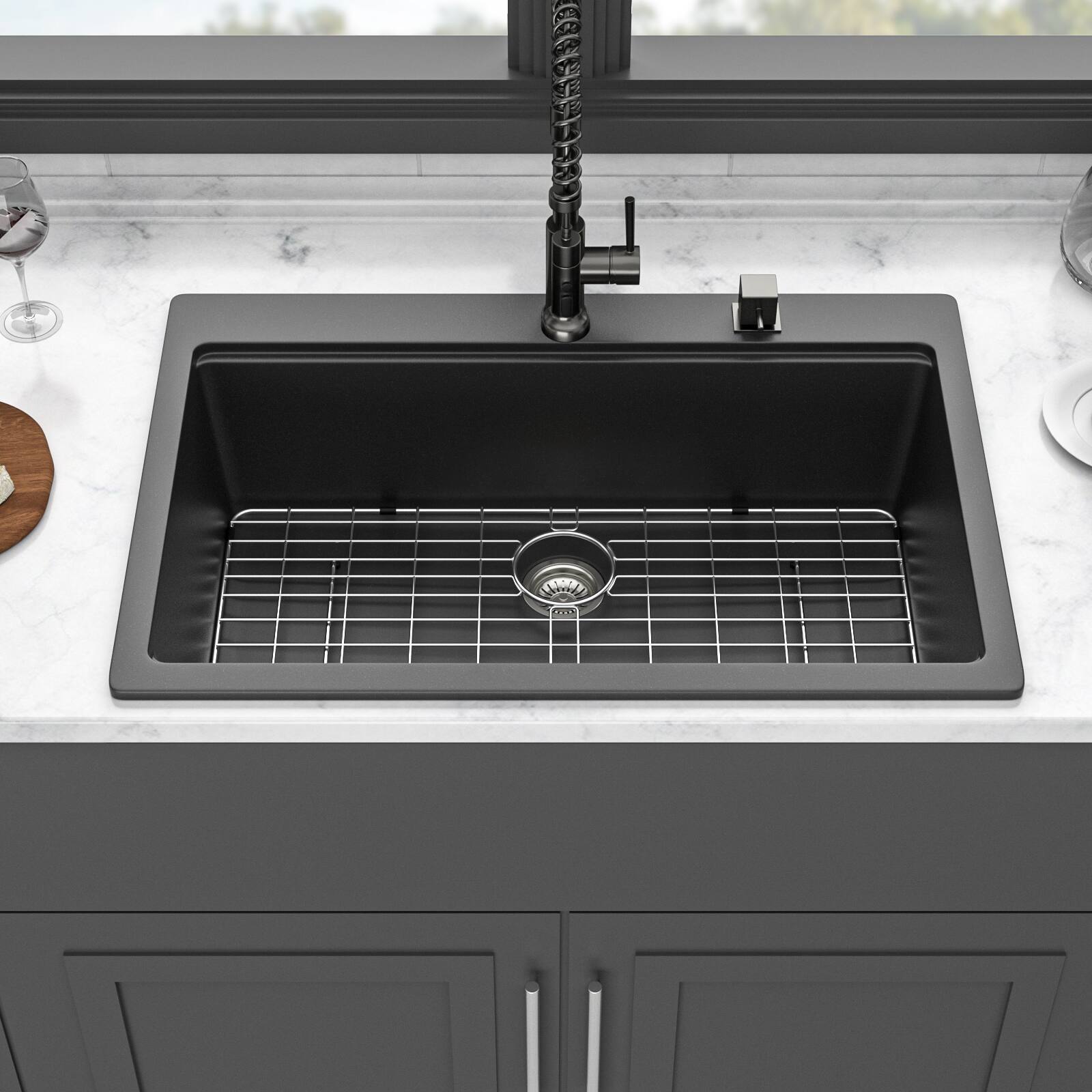 Left. Siljoy - Quartz Kitchen Sink - 33"x22"x9.65" Black granite composite Workstation Drop-in kitchen sink - Black.